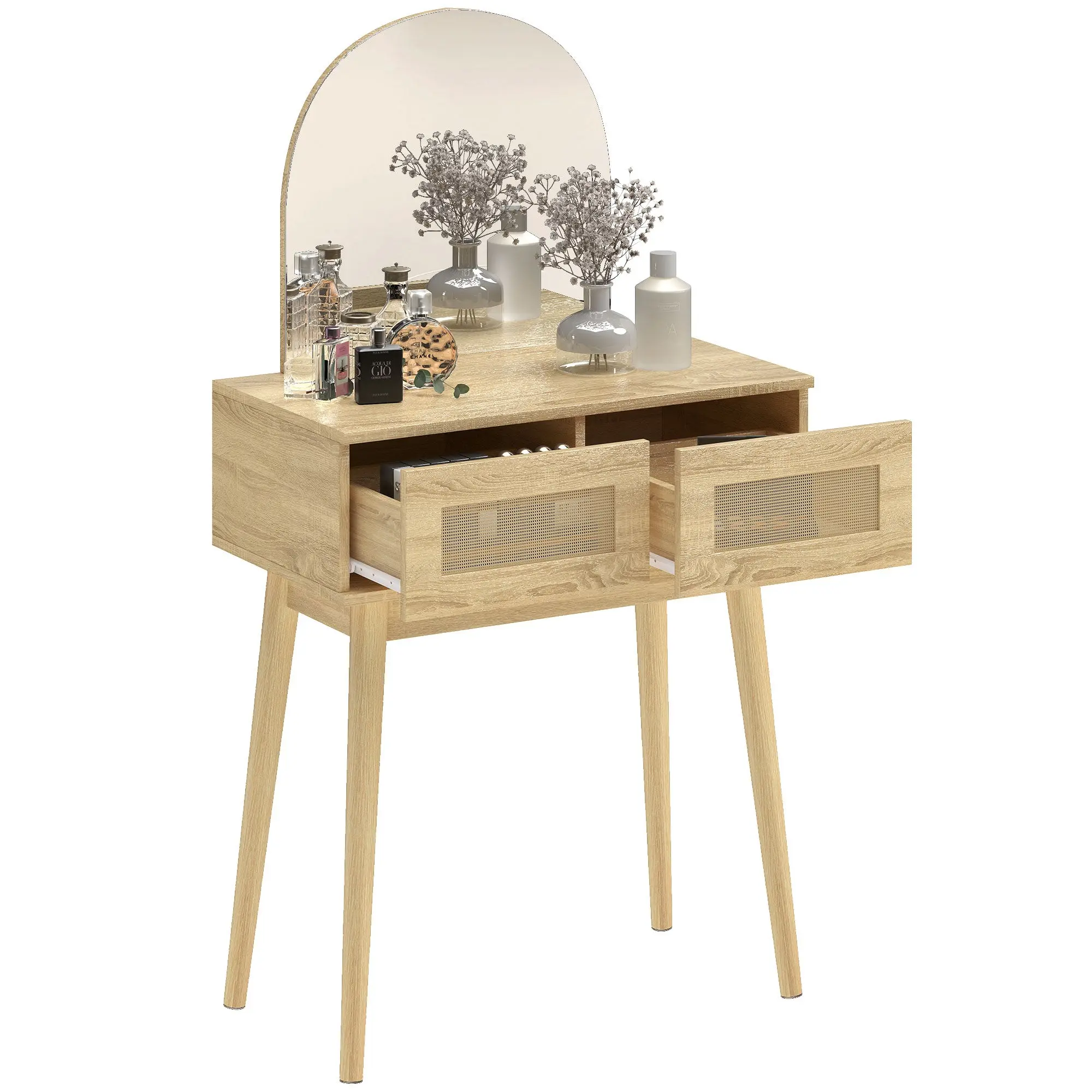 Arched Mirror Vanity — Makeup Table with 2 Rattan-Front Drawers, Compact Dressing Table for Bedroom, Natural Wood Finish