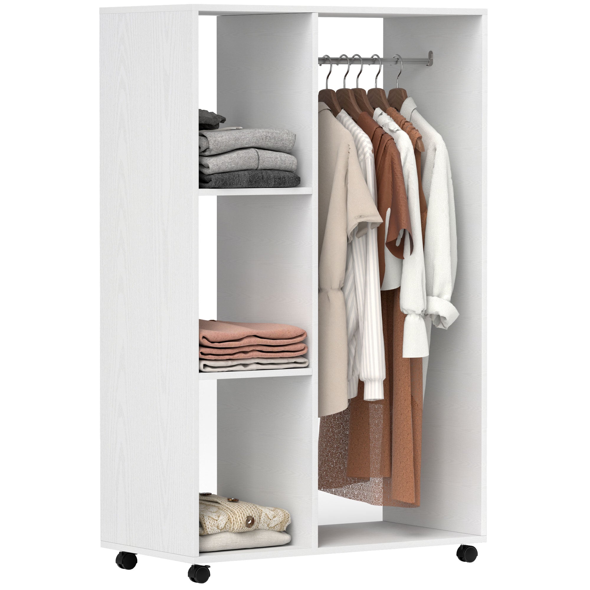 HOMCOM Mobilus Spinta ant Ratų, 1 Drabužių Lenta, 3 Lentynos, Spinta, Riedanti Drabužių Stovas prie Įėjimo, Miegamojo, 80 x 40 x 128 cm, Balta