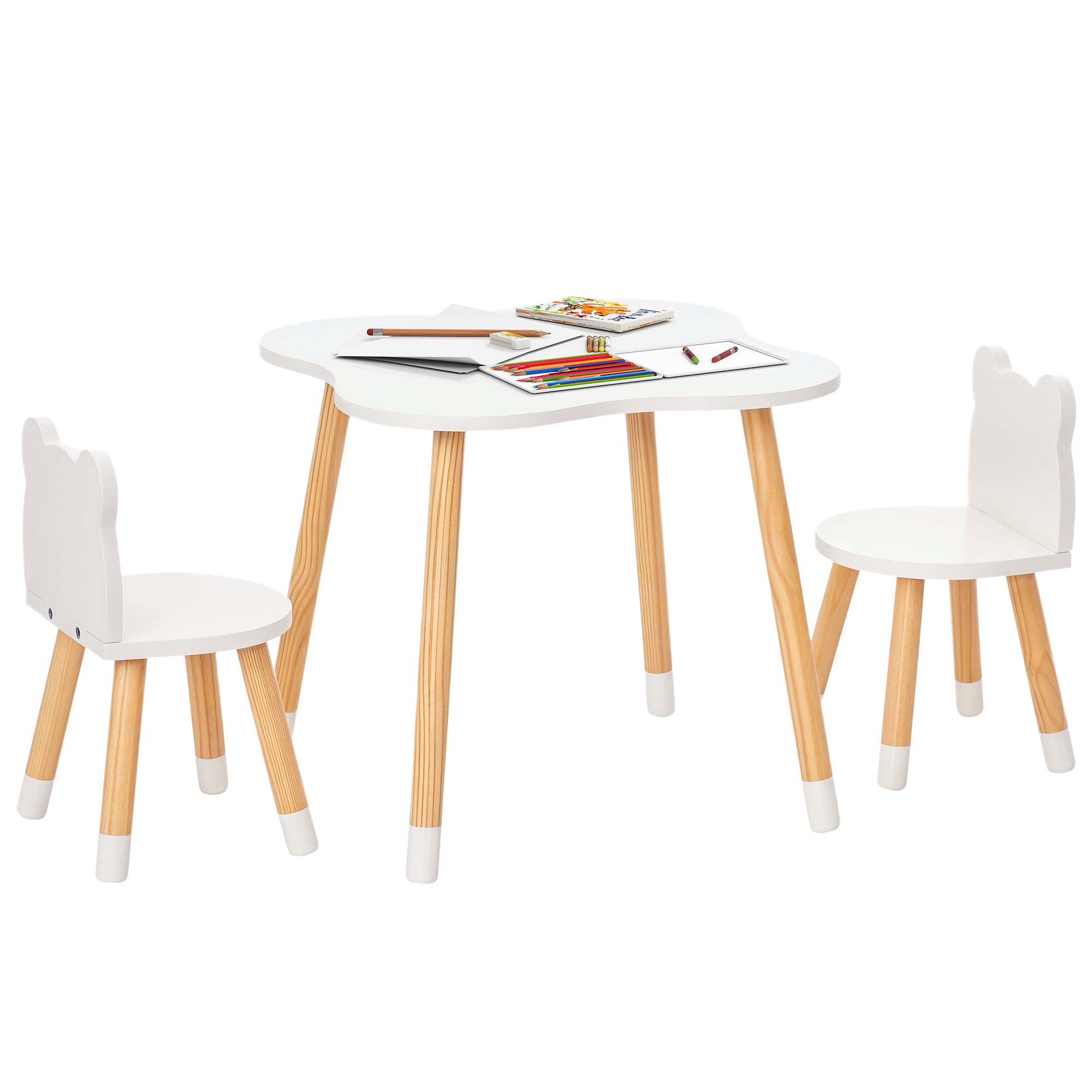 HOMCOM Set stola i 2 stolice za djecu – Drven namještaj za igraonicu i dječju sobu, dimenzije stola 56x56x50 cm, stolica 28x25x46 cm, prirodna i bijela