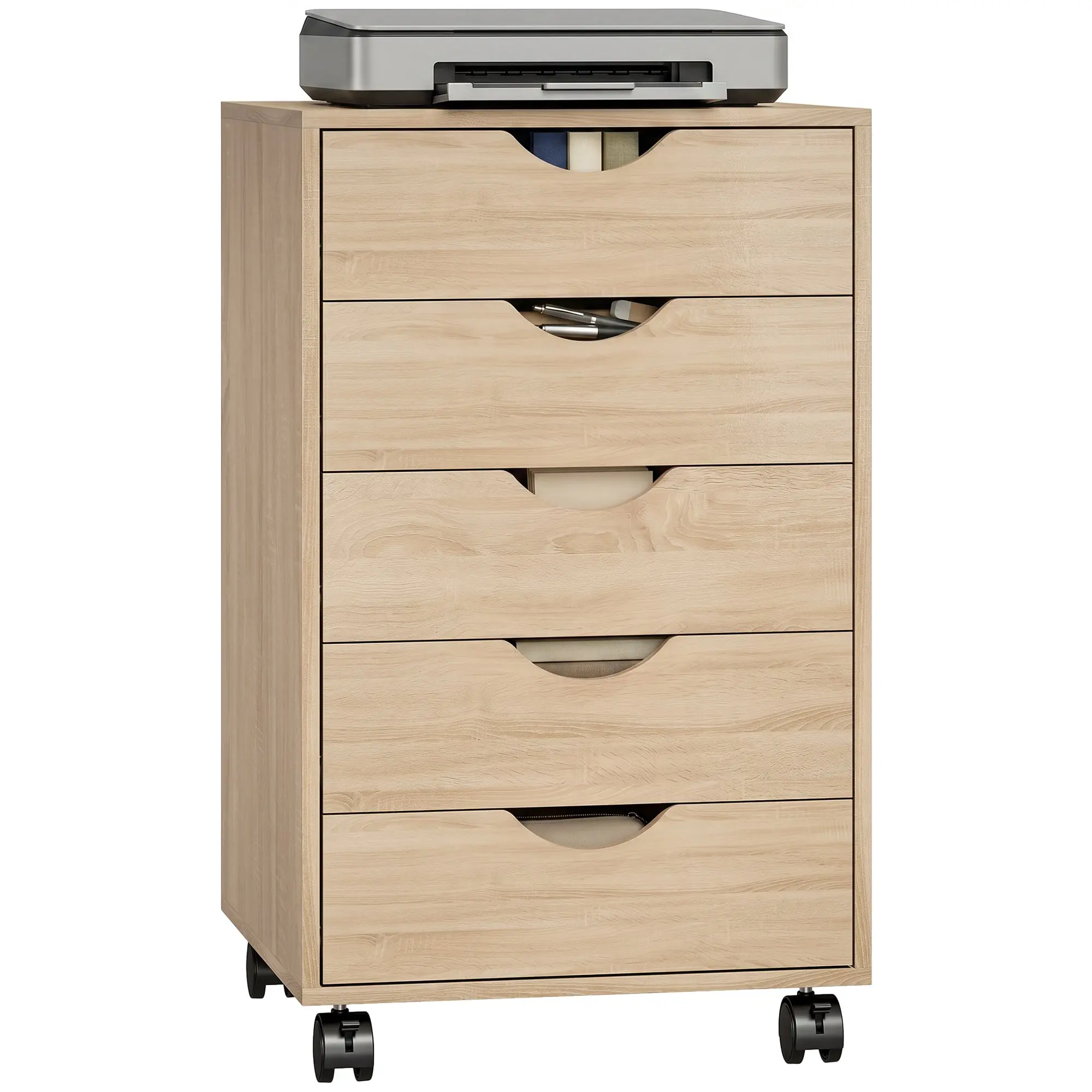 Mobile Pedestal with 5 Drawers, Rolling Office Storage for Documents & Printer, Compact Cabinet, 15.7 x 15.7 x 26.4 in, Oak