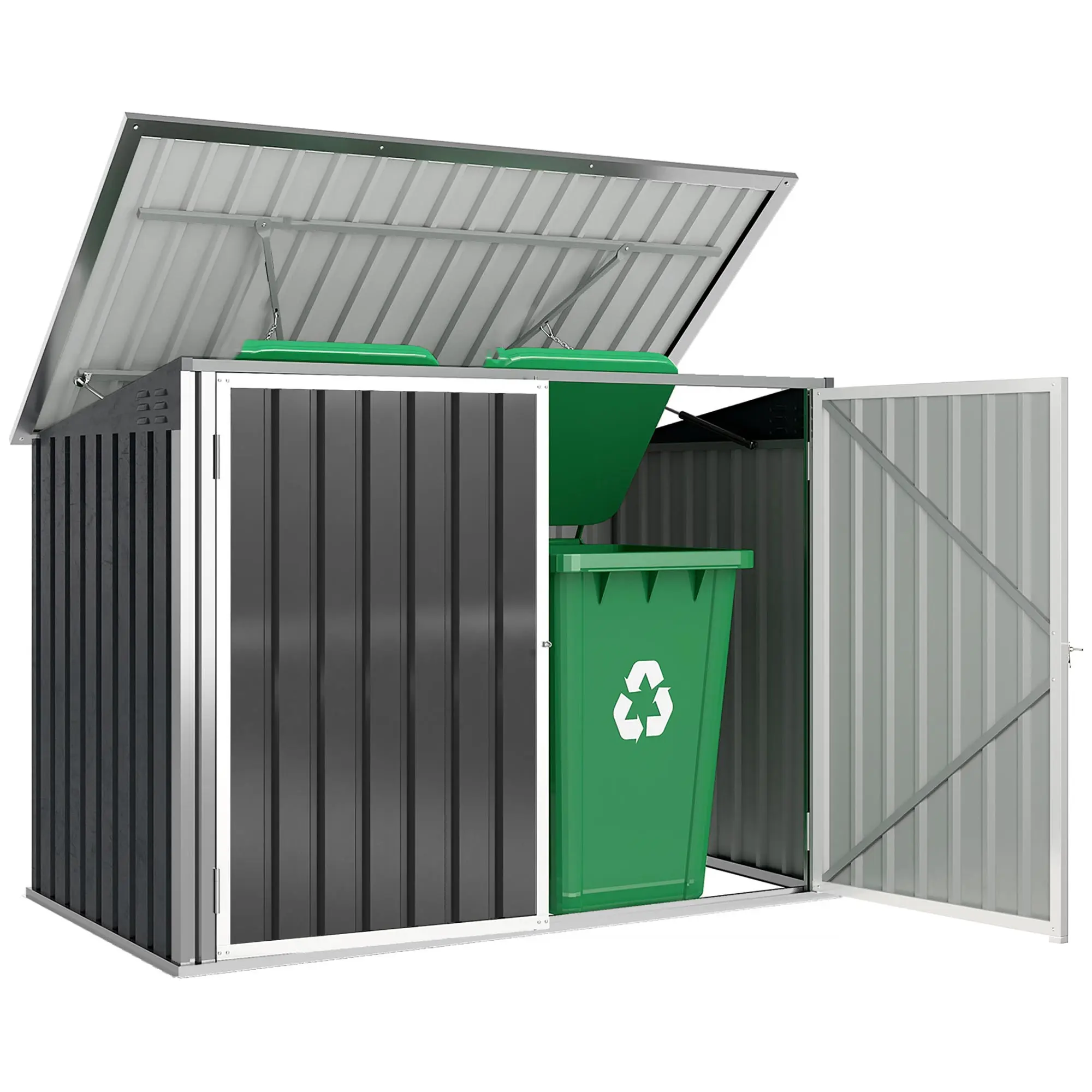 Double Trash Bin Storage Shed — Galvanized Steel, Gas-Strut Hinged Lid & Lockable Double Doors, Dark Gray, 70.7×42.5×44.5–51 in