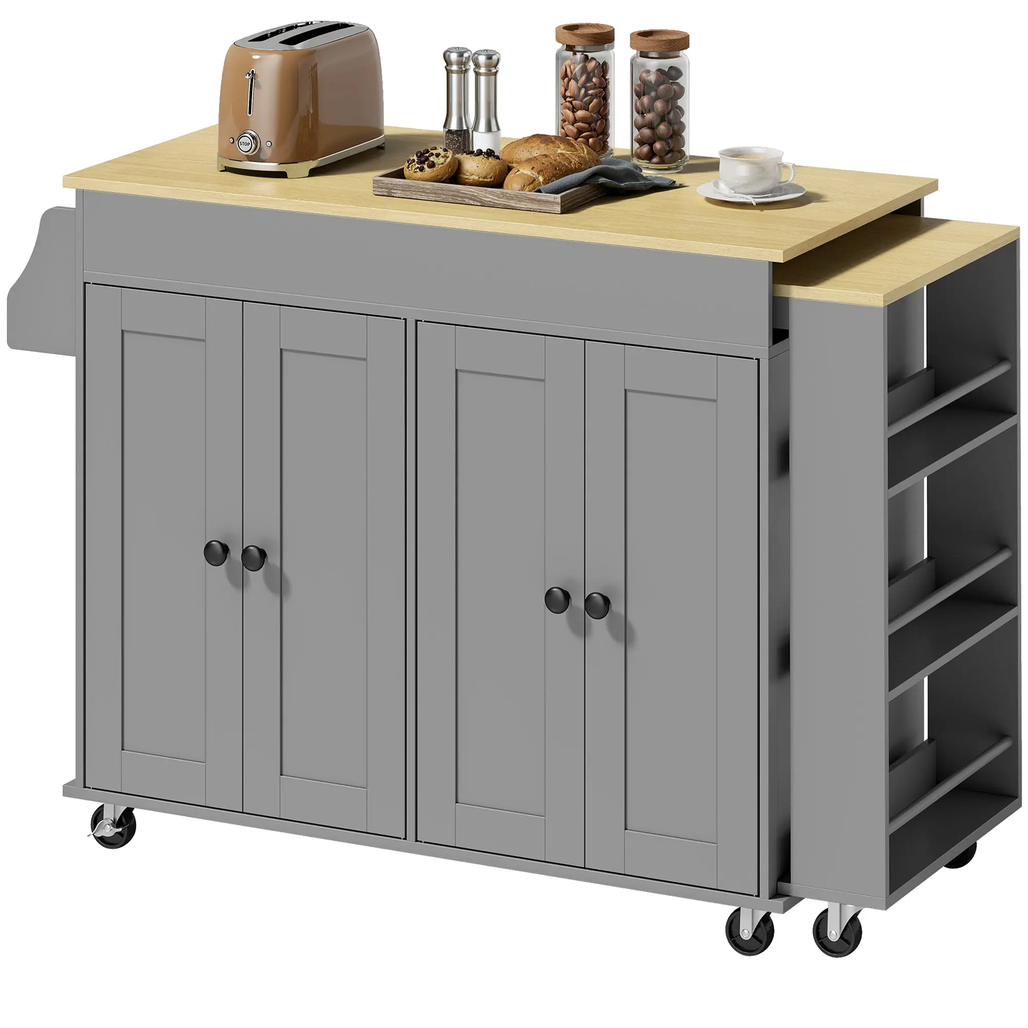 Rolling Kitchen Island with Wheels, Extendable Countertop, 4-Door Storage, Adjustable Shelves, Open Side Shelf, Spice Rack & Towel Holder, Gray