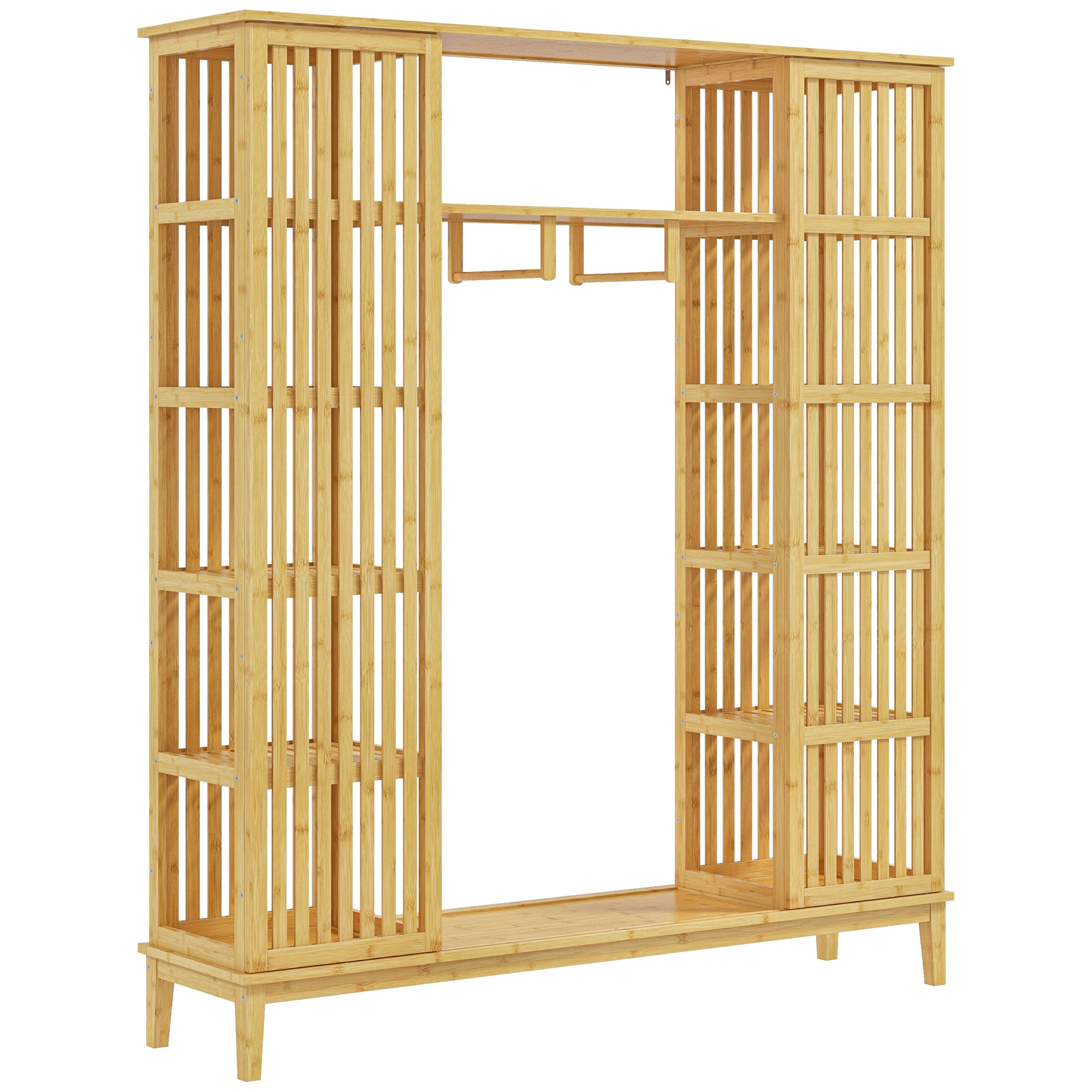 HOMCOM Bambus Kleiderschrank mit 2 Schiebetüren, offenen Regalen und Stange für das Schlafzimmer, 145 x 35 x 165 cm, Naturholz-Finish
