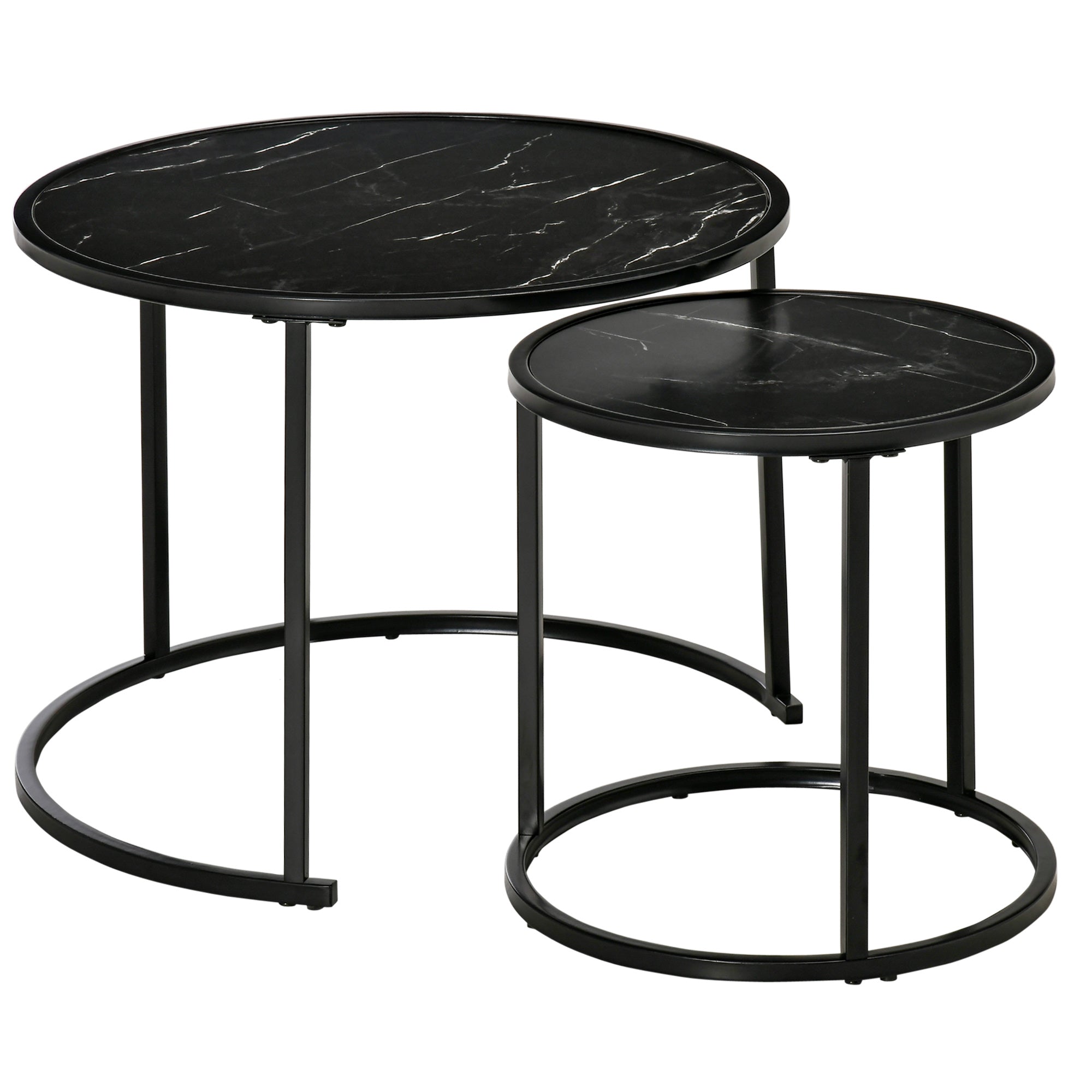 Set of 2 Modern Stackable Round Side Tables with Faux Marble Top and Steel Frame ?60x46 cm and ?40x40 cm Black
