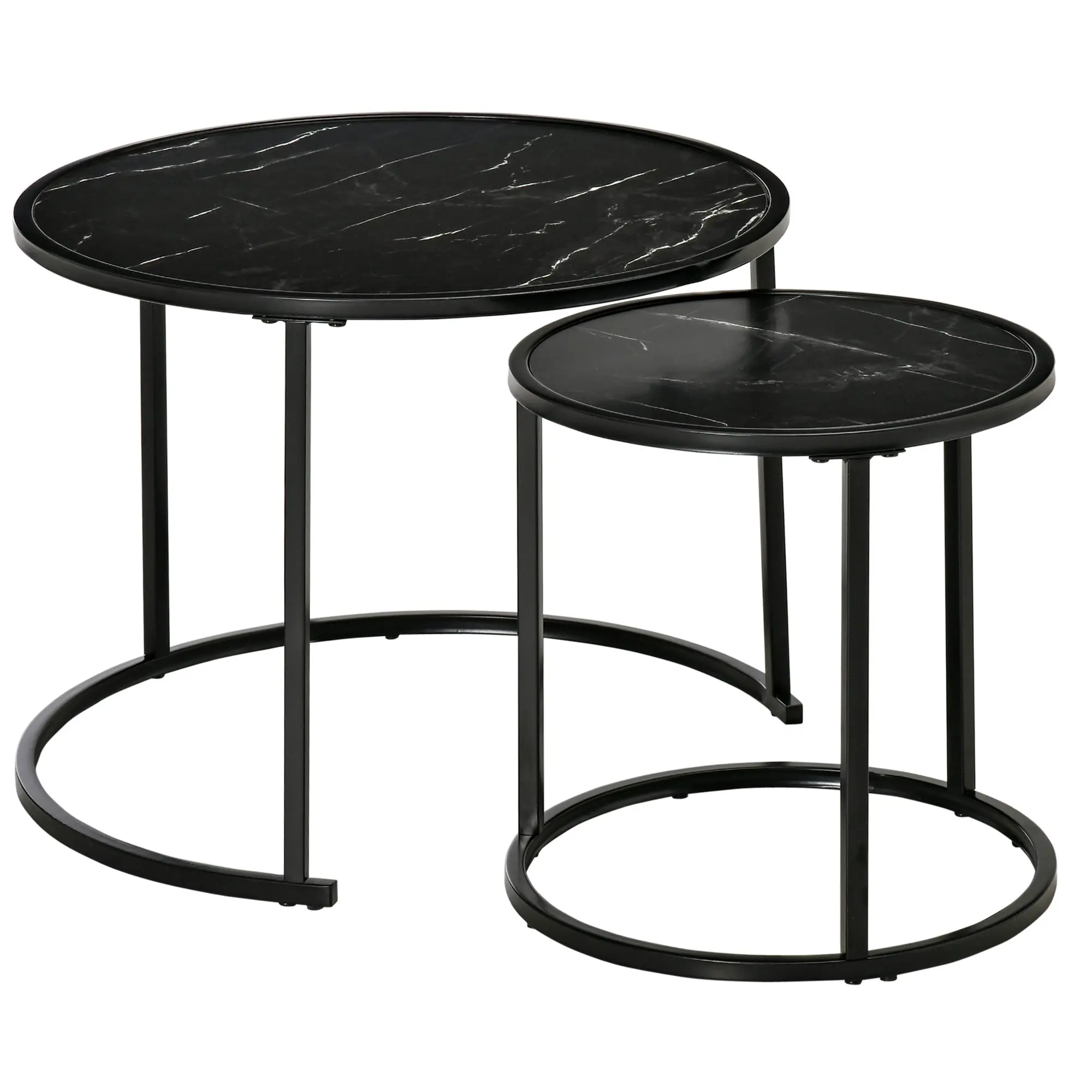 Set of 2 Modern Stackable Round Side Tables with Faux Marble Top and Steel Frame ?60x46 cm and ?40x40 cm Black