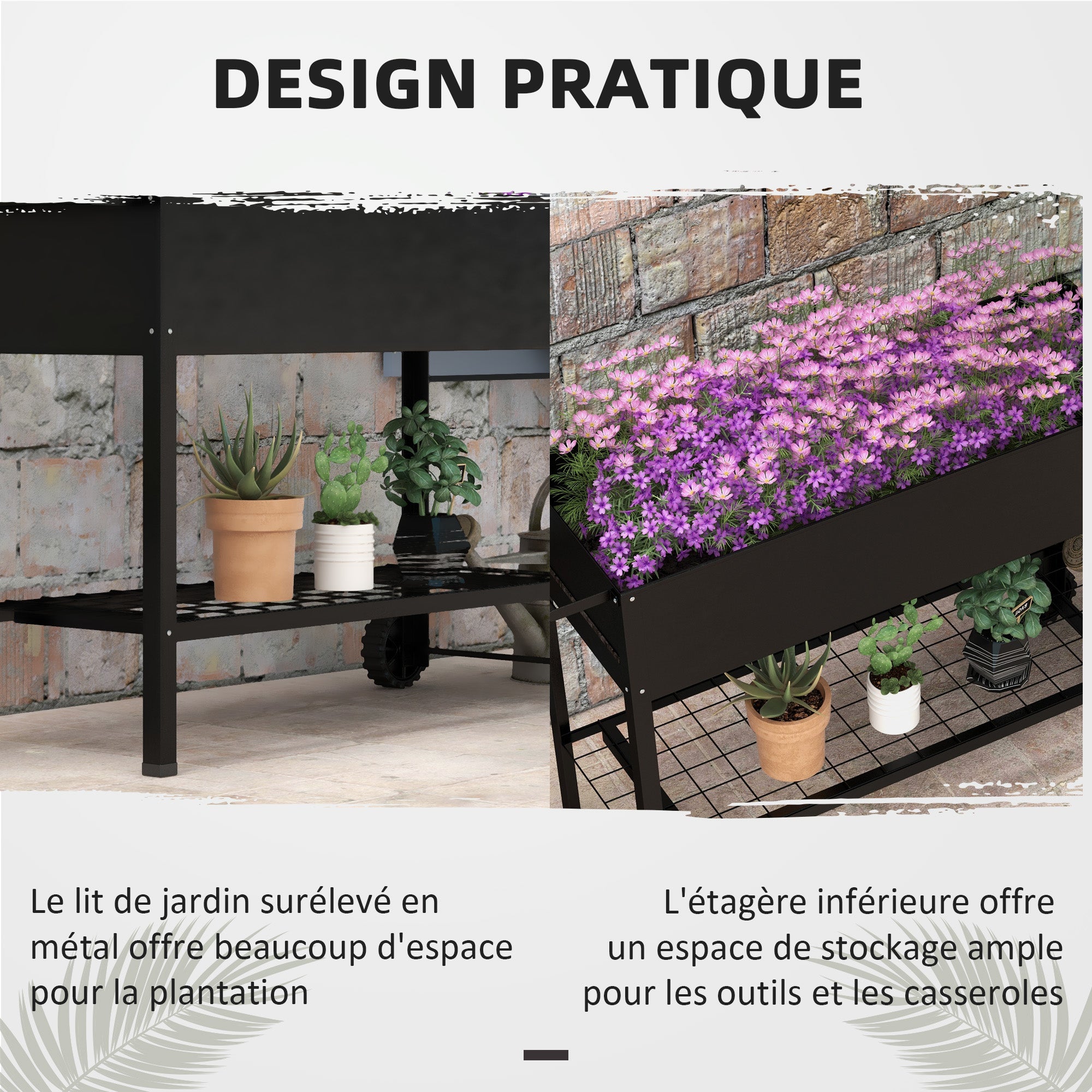 Metal Planting Tray with Stand and Shelf 104L x 39W x 80H cm 2 Wheels + Irrigation Insert Black
