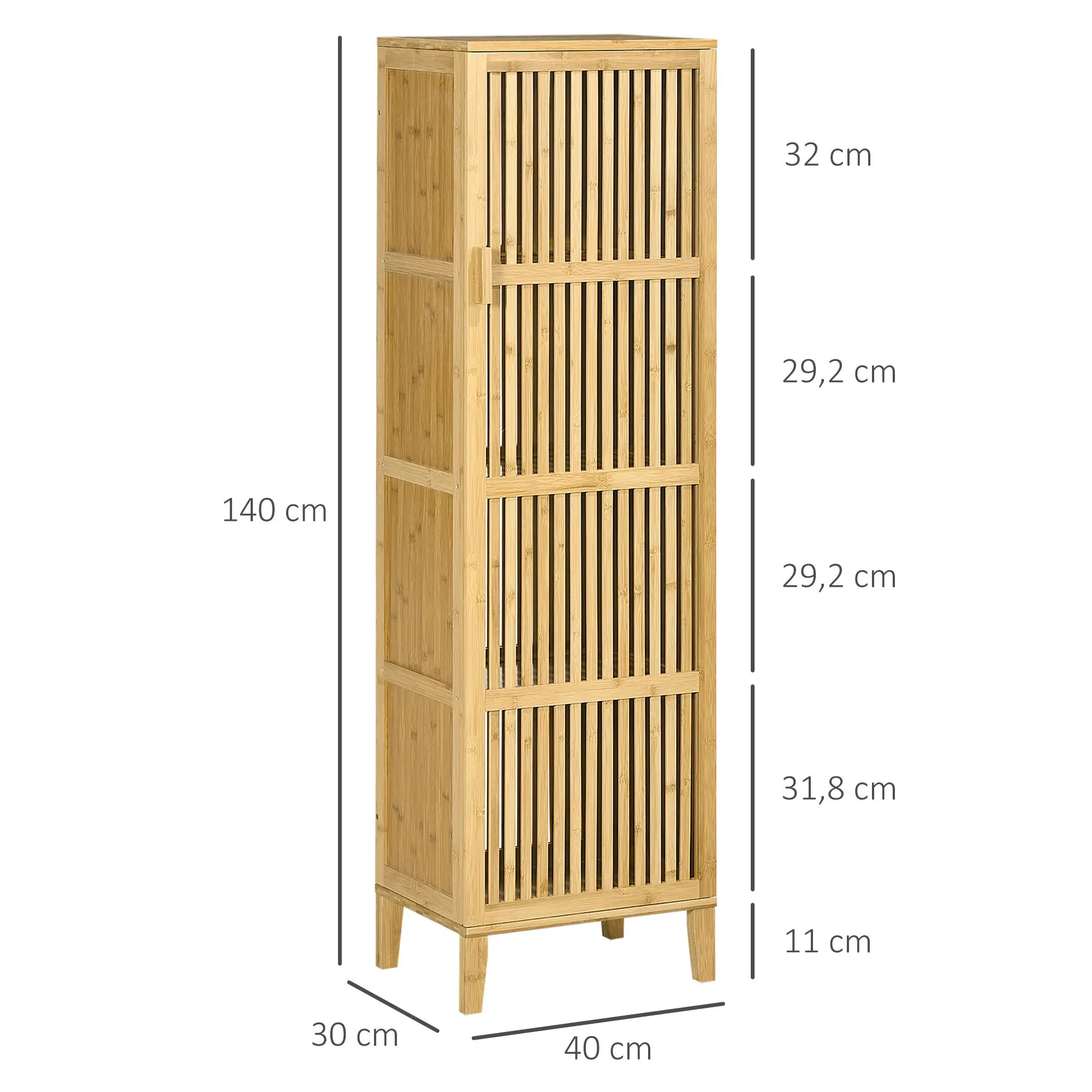 Bamboo Storage Cabinet with 4 Levels and Slatted Door Design for Bathroom Bedroom Living Room 40 x 30 x 140 cm