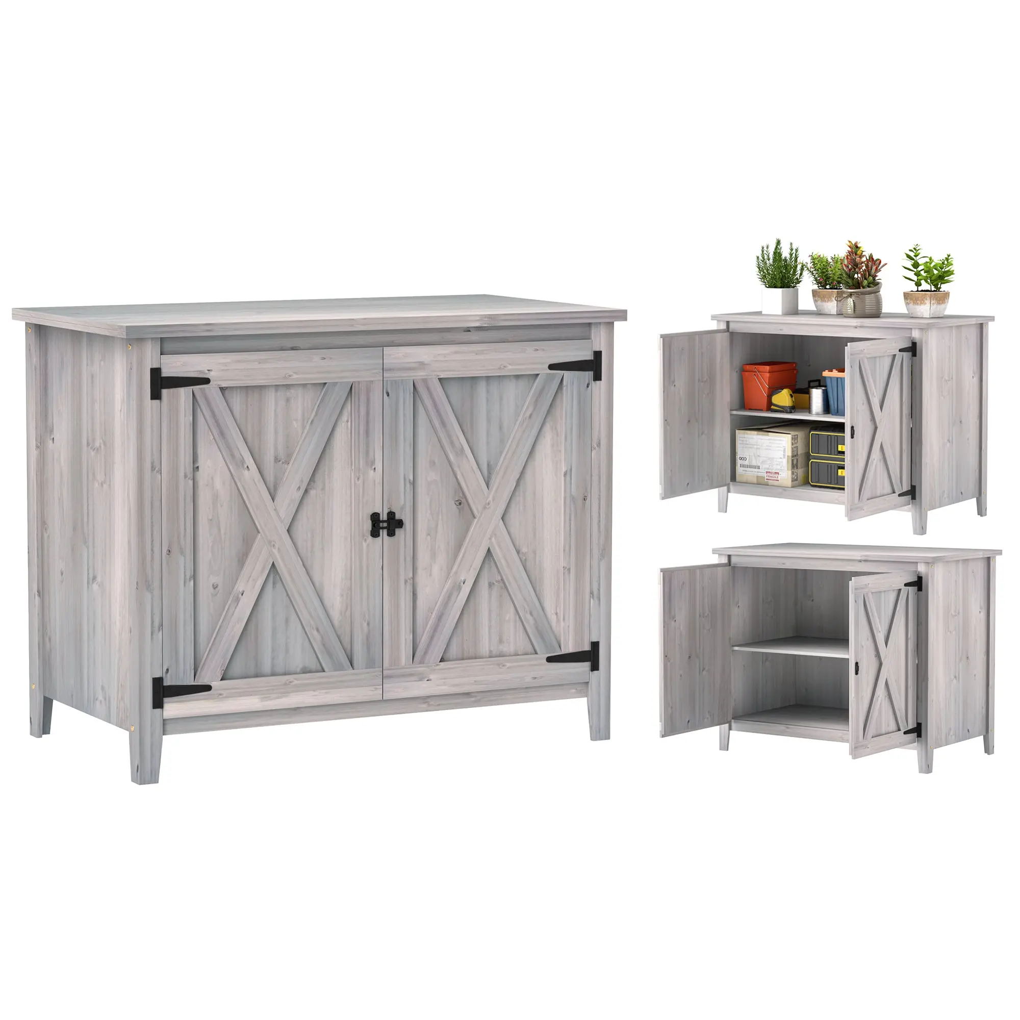 Garden Cabinet Wood, Weatherproof Tool Shed 110x60x88.5cm, Garden House with Double Doors, Shelves, Tool Cabinet, Garden Shed for Patio Backyard, Light Grey