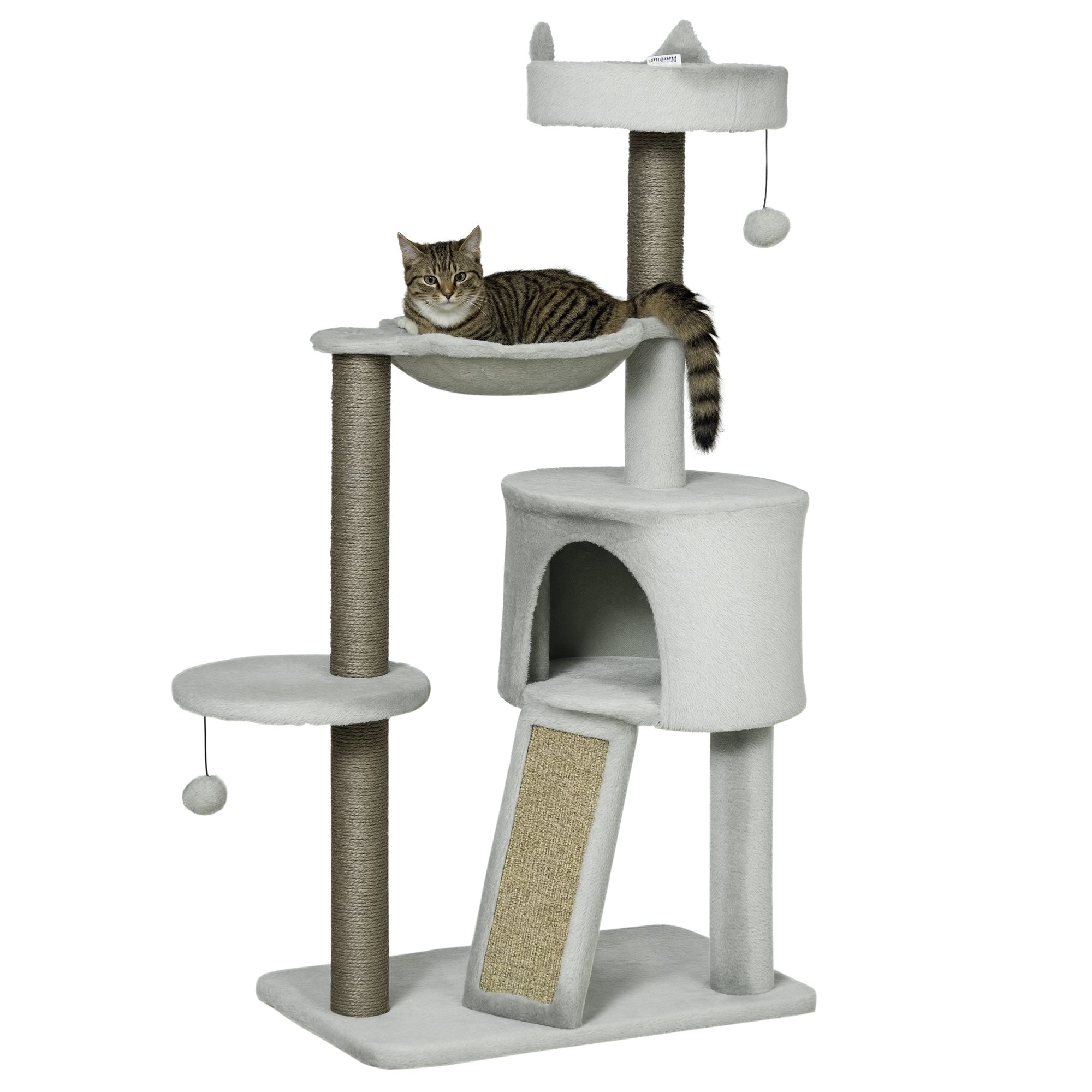 Cat Tree 113cm Multi Level Cat Tower with Cat Condo Hammock Sisal Scratching Posts Ramp and Hanging Toys Compact Cat Activity Centre Light Grey