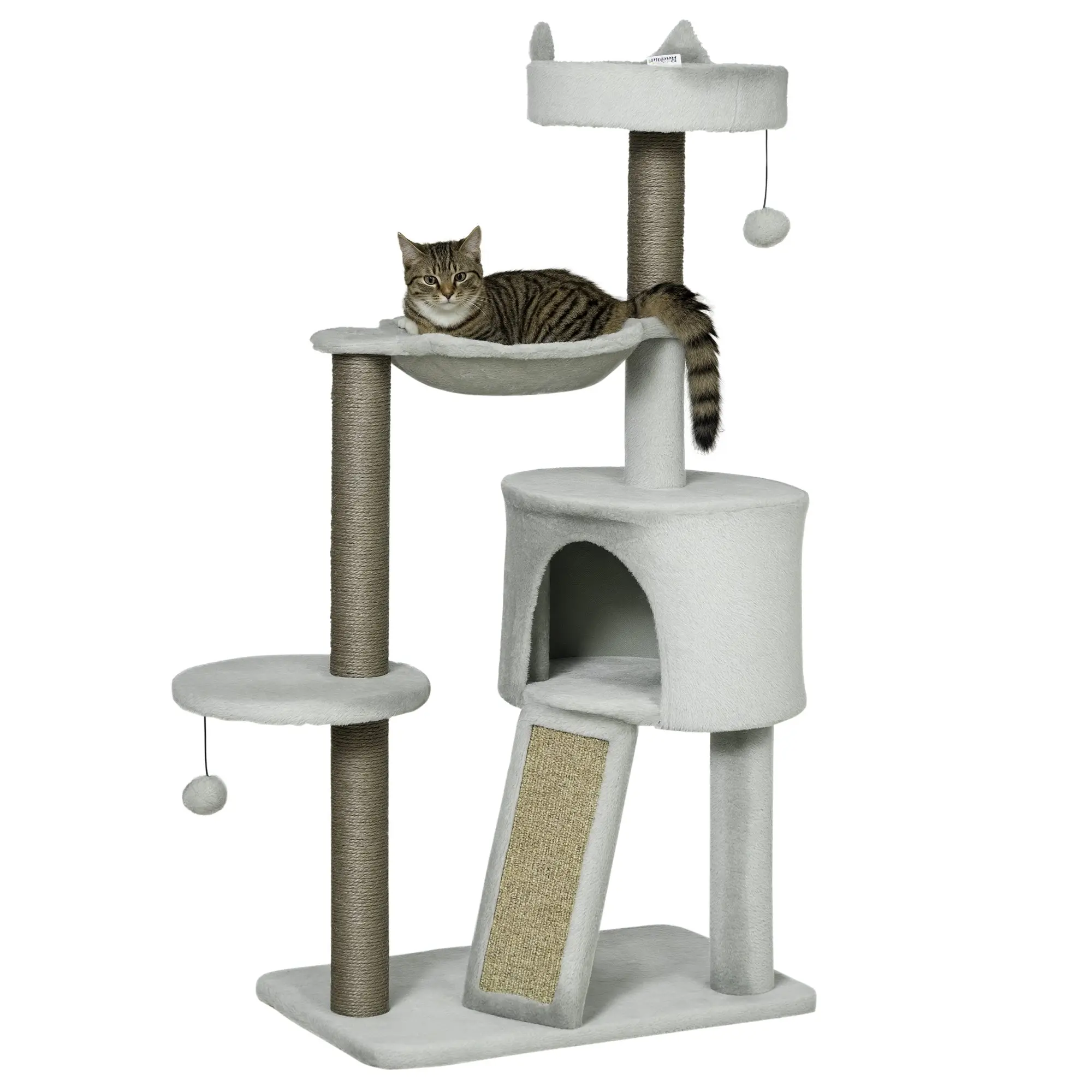 Cat Tree 113cm Multi Level Cat Tower with Cat Condo Hammock Sisal Scratching Posts Ramp and Hanging Toys Compact Cat Activity Centre Light Grey