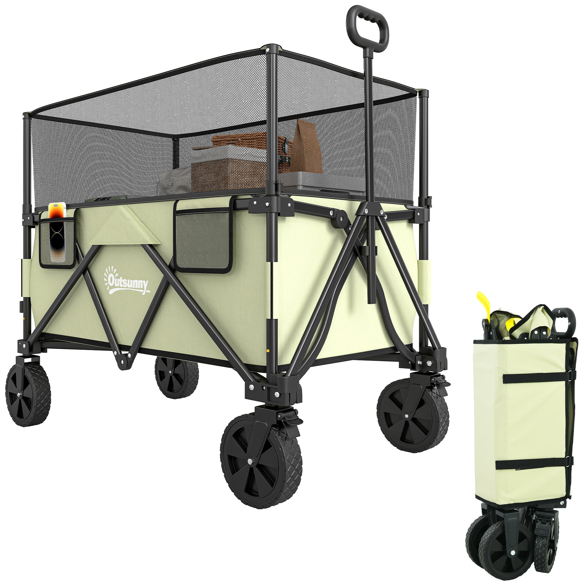 Outsunny 180 L Gartenwagen Klappwagen mit verstellbarer Griff Länge und Winkel sowie erweiterbaren Seitenwänden, belastbar bis 120 kg für Terrasse und Strand in Khaki