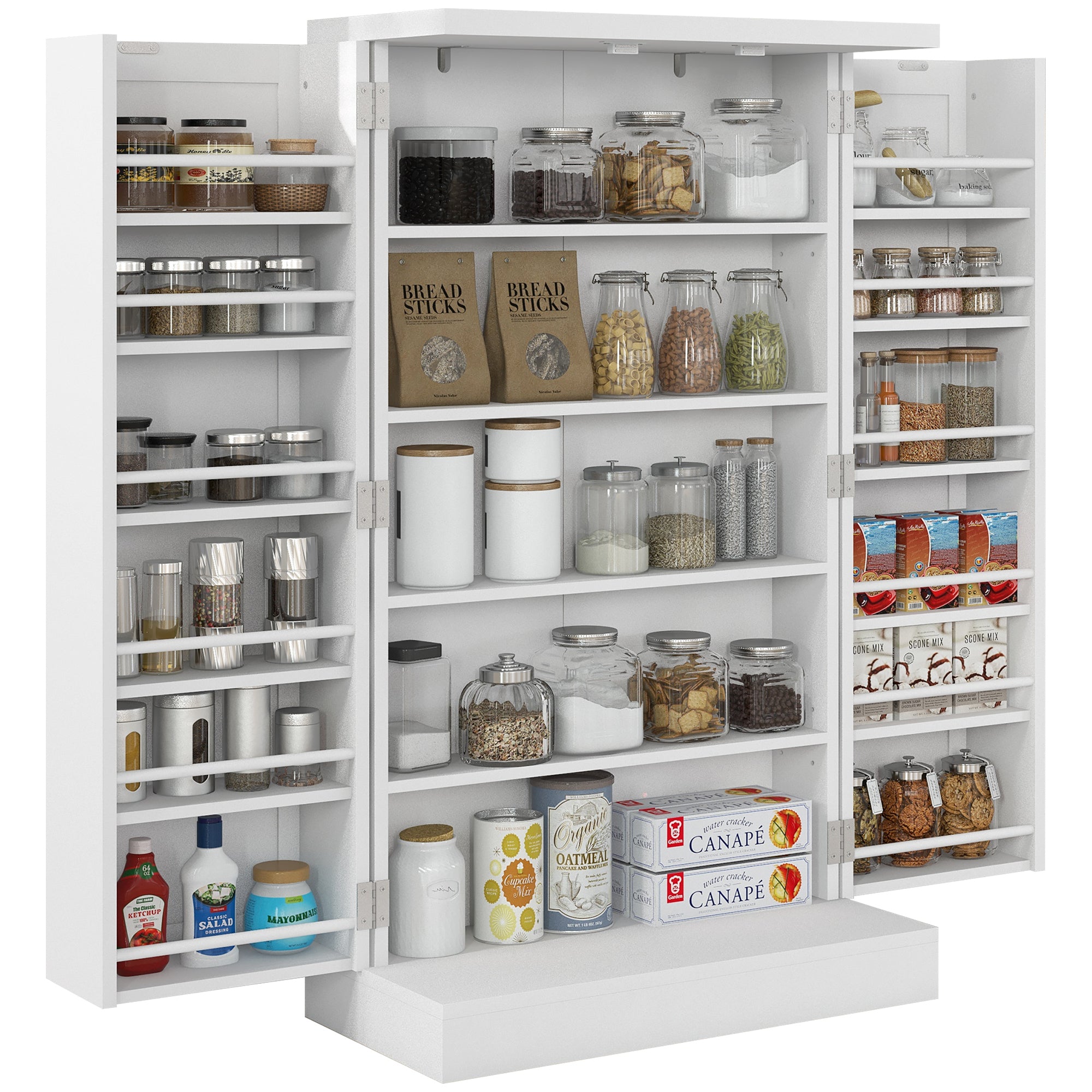 Kitchen Storage Cabinet with Adjustable Shelves & Door Racks, Freestanding Pantry Cabinet with Anti-Tip Design, MDF Kitchen Cupboard, 60 x 30 x 104 cm, White