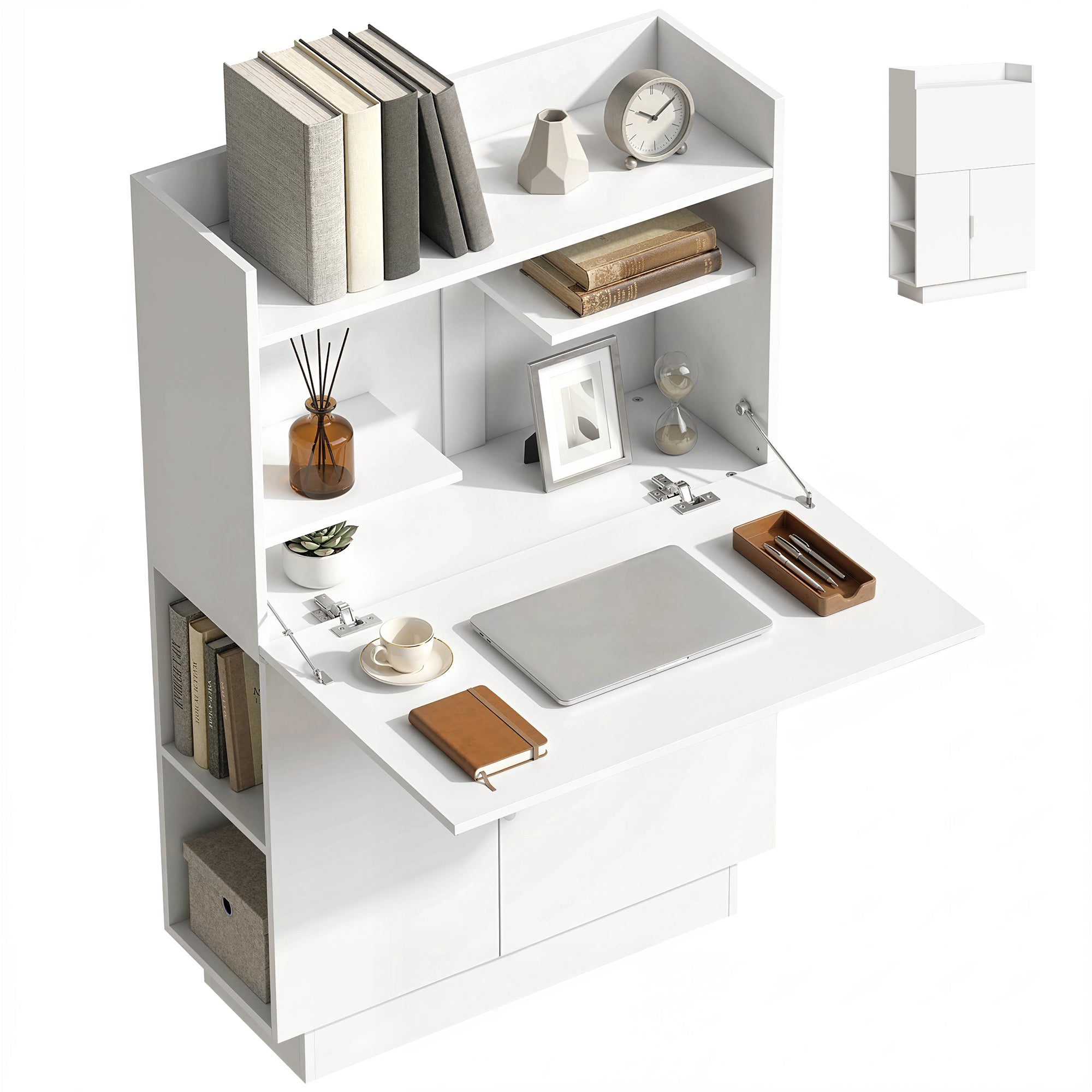 HOMCOM nedklappeligt skrivebord med hylder & skab, 80 x 30 x 128 cm, moderne hjemmekontor, hvid