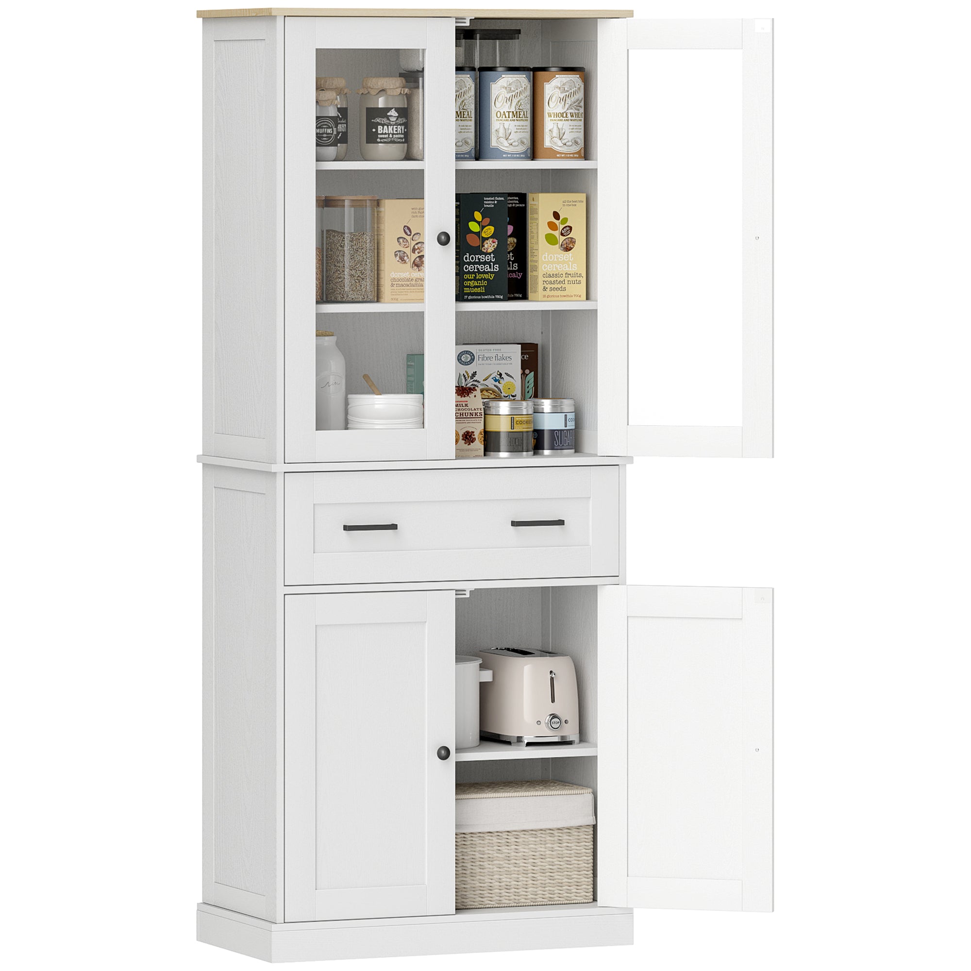 HOMCOM Kuhinjski Kredenac, Visoki Kredenac s Fiokom, Podesive Police, Kuhinjski Buffet s Akrilnim Vrata, 2 Odjeljka za Dnevnu Sobu i Trpezariju, 76 x 40 x 182.5 cm, Krem bijela