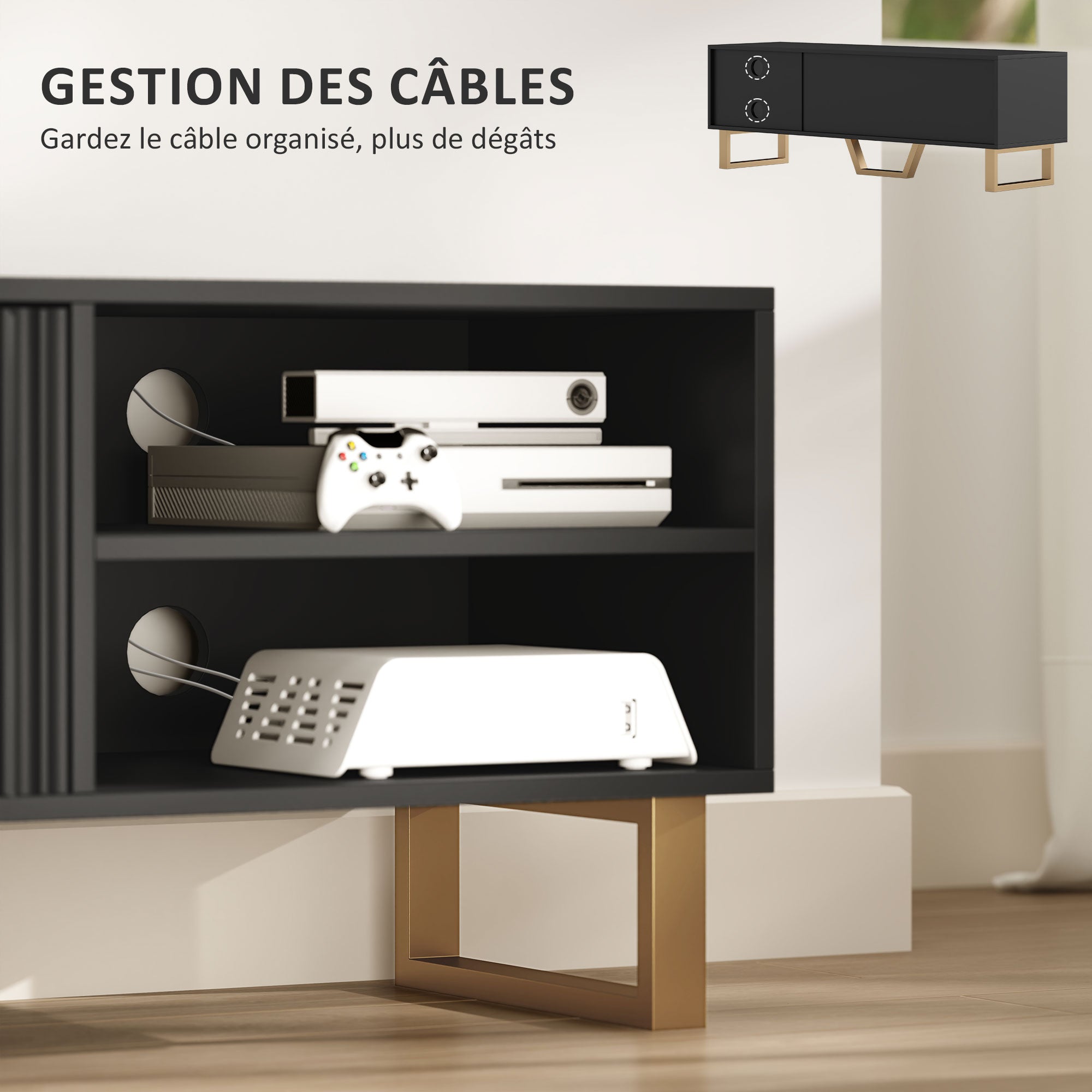 TV Stand TV unit wood TV bench for TV up to 70 inches with 2 fluted doors, open compartment and cable management, for living room bedroom, 140 x 39 x 47 cm, black