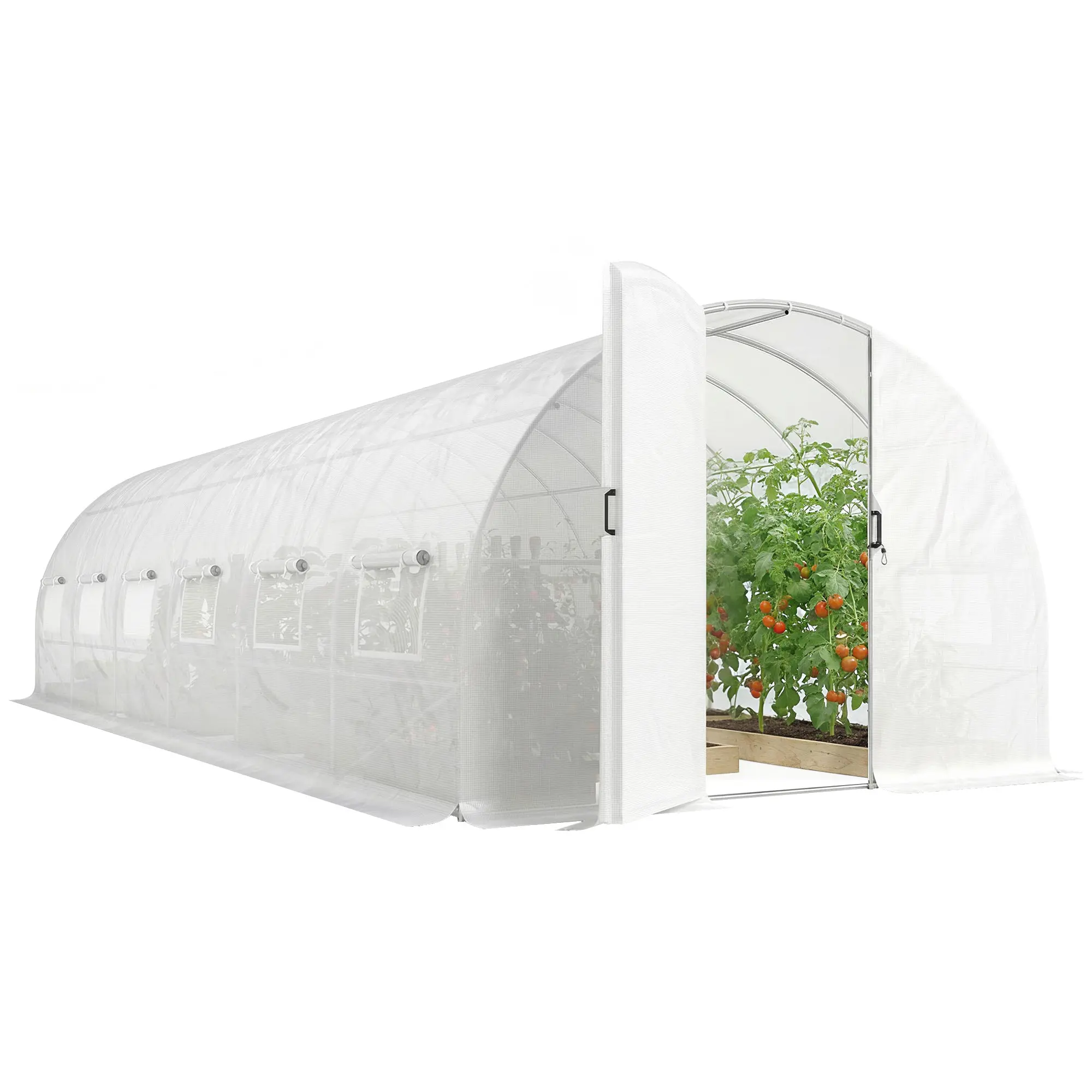 24 m² (295 x 798 x 199 cm / 9.7 x 26.2 x 6.5 ft) Tunnel Greenhouse with Hinged Door & 12 Roll-Up Mesh Windows, High-Density 140 gsm PE Cover with 20 cm Extended Flap, Outdoor, White