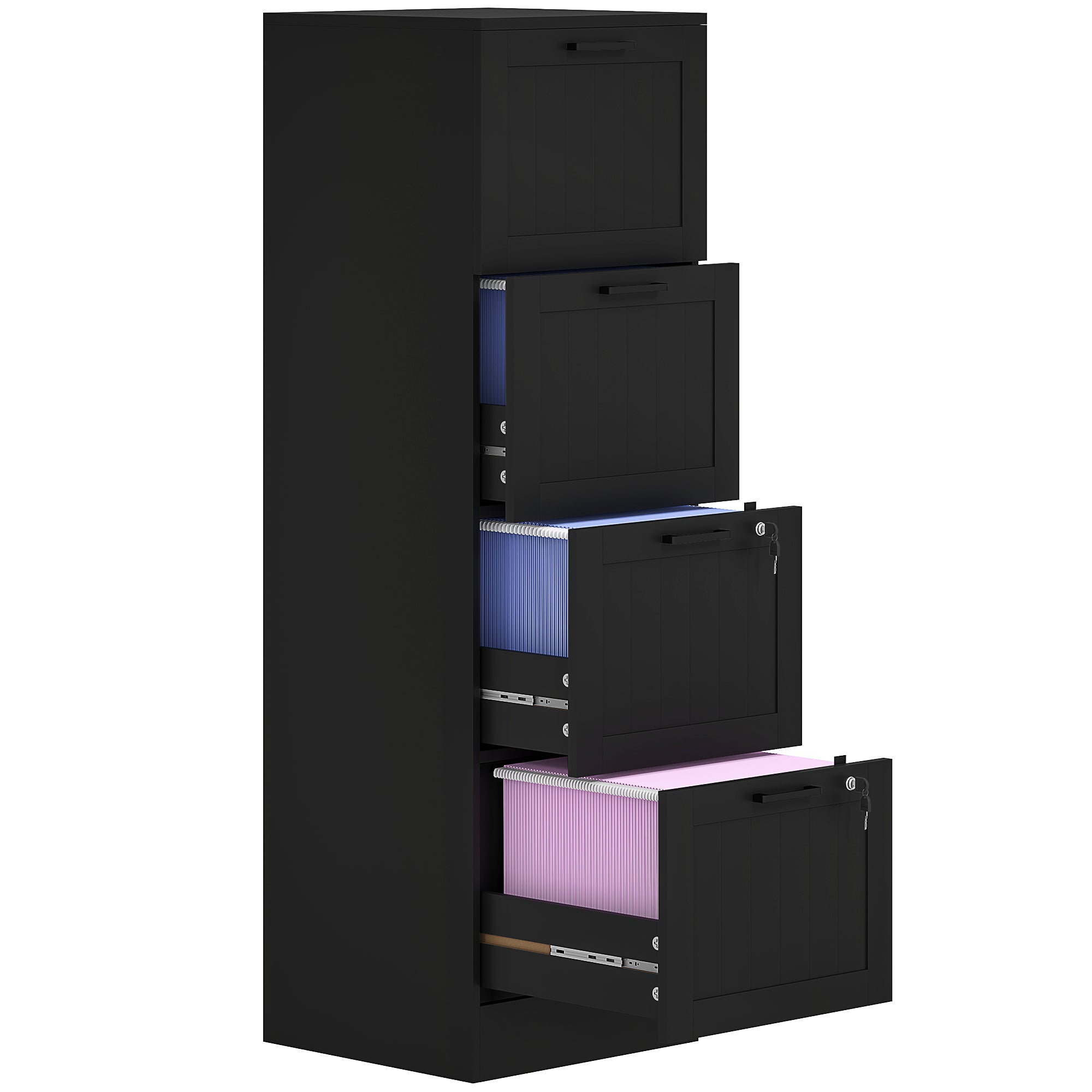4-Drawer Document Holder with Adjustable Rail, 2 Keys and 2 Locks, MDF Office Cabinet Suitable for A4 and Letter Size Files, 40x40x131 cm, Black