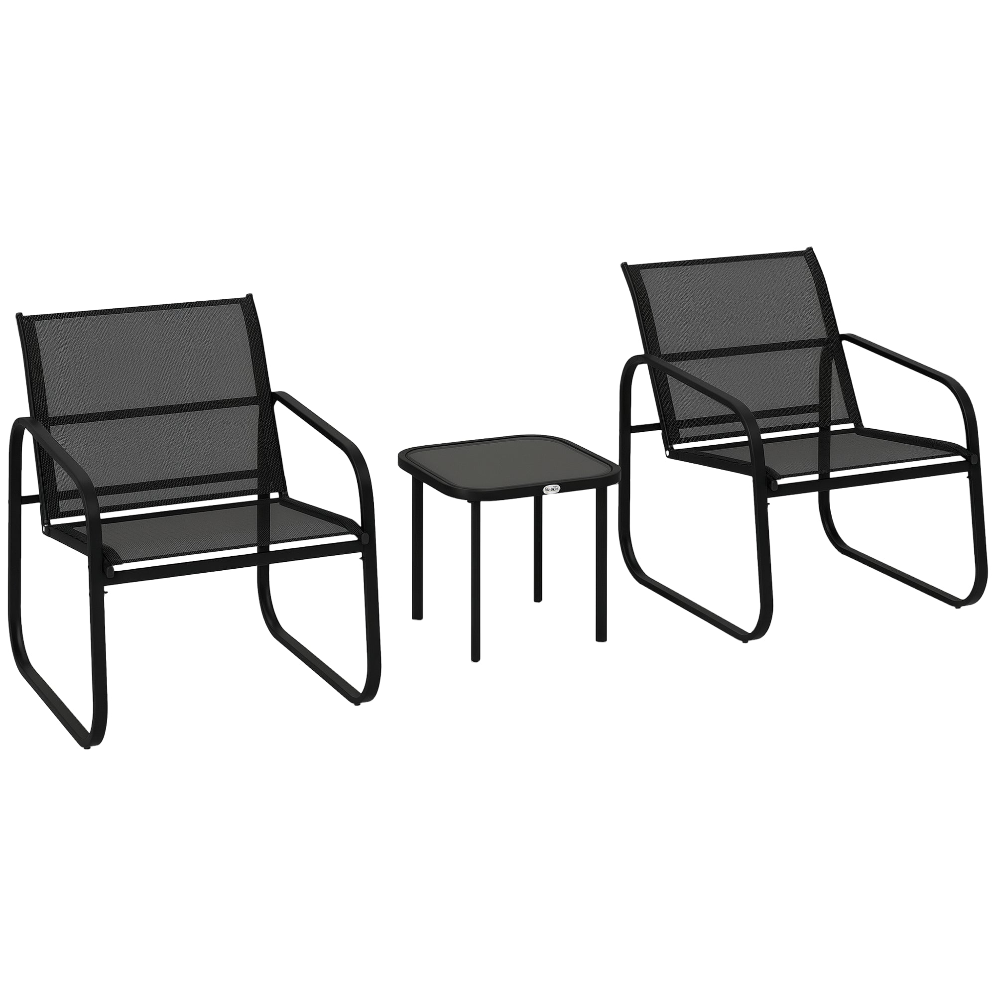 Ensemble Bistro de Jardin 3 Pièces Outsunny, Set de Jardin d'Extérieur pour 2 Personnes avec 2 Chaises en Maille et Table Basse en Verre Trempé, Mobilier de Jardin, Patio, Balcon, Véranda, Noir