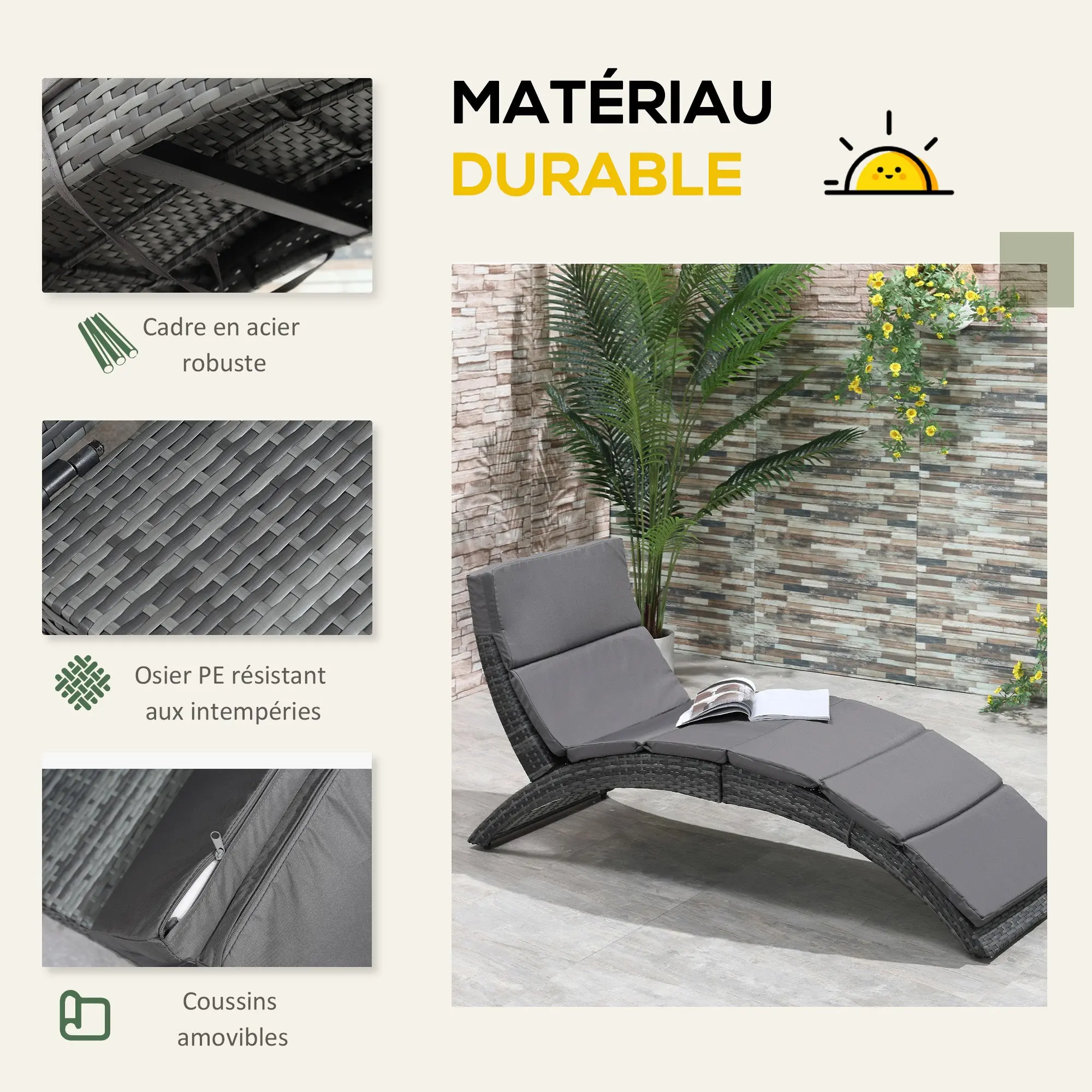 Folding Sun Lounger with Comfortable Mattress for Outdoor Use, Metal and Resin Wicker - Gray