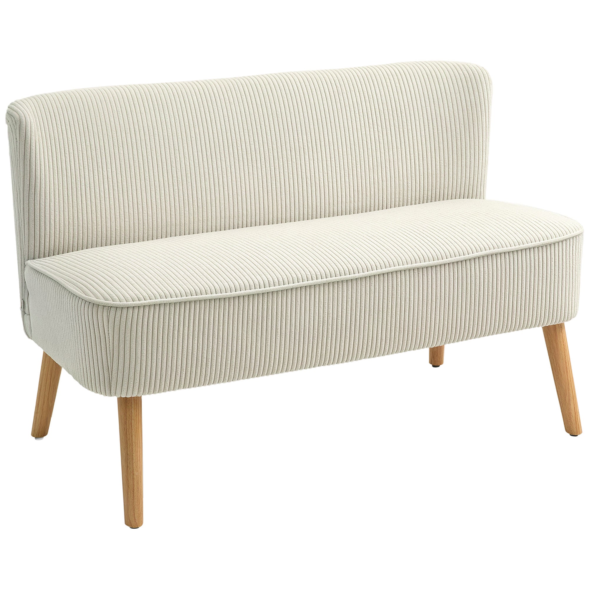 HOMCOM Kaheinimesetool Modernne Diivan Ilma Käetugedeta, Vooderdatud Diivan Korduroo Välimusega, Väike Ühes Tükis Diivan Puitjalgadega Elutuppa, 117 x 56.5 x 77 cm, Kreem