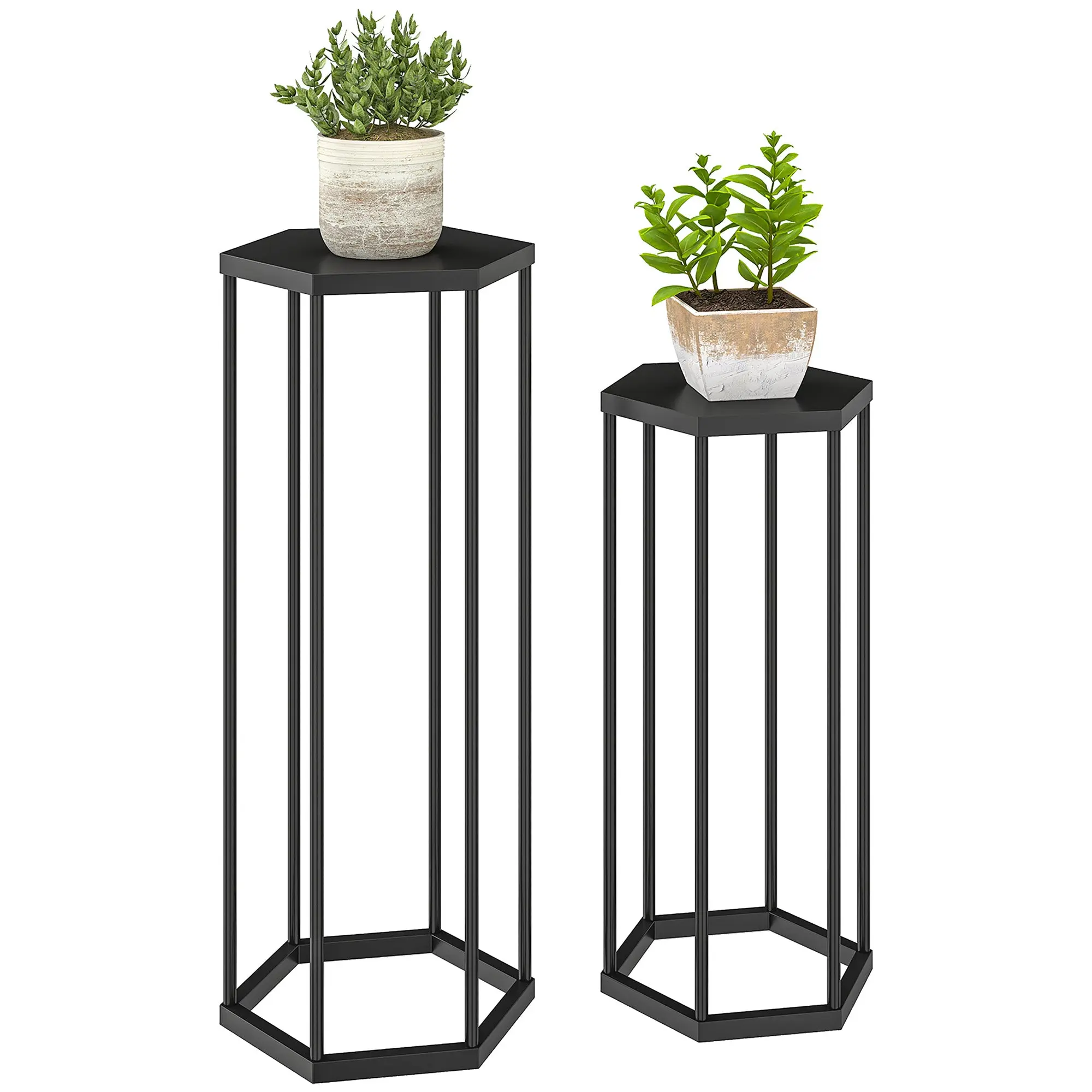 2-Pack Hexagon Metal Plant Stands, 75/60 cm (29.5"/23.6") — Indoor & Outdoor Black