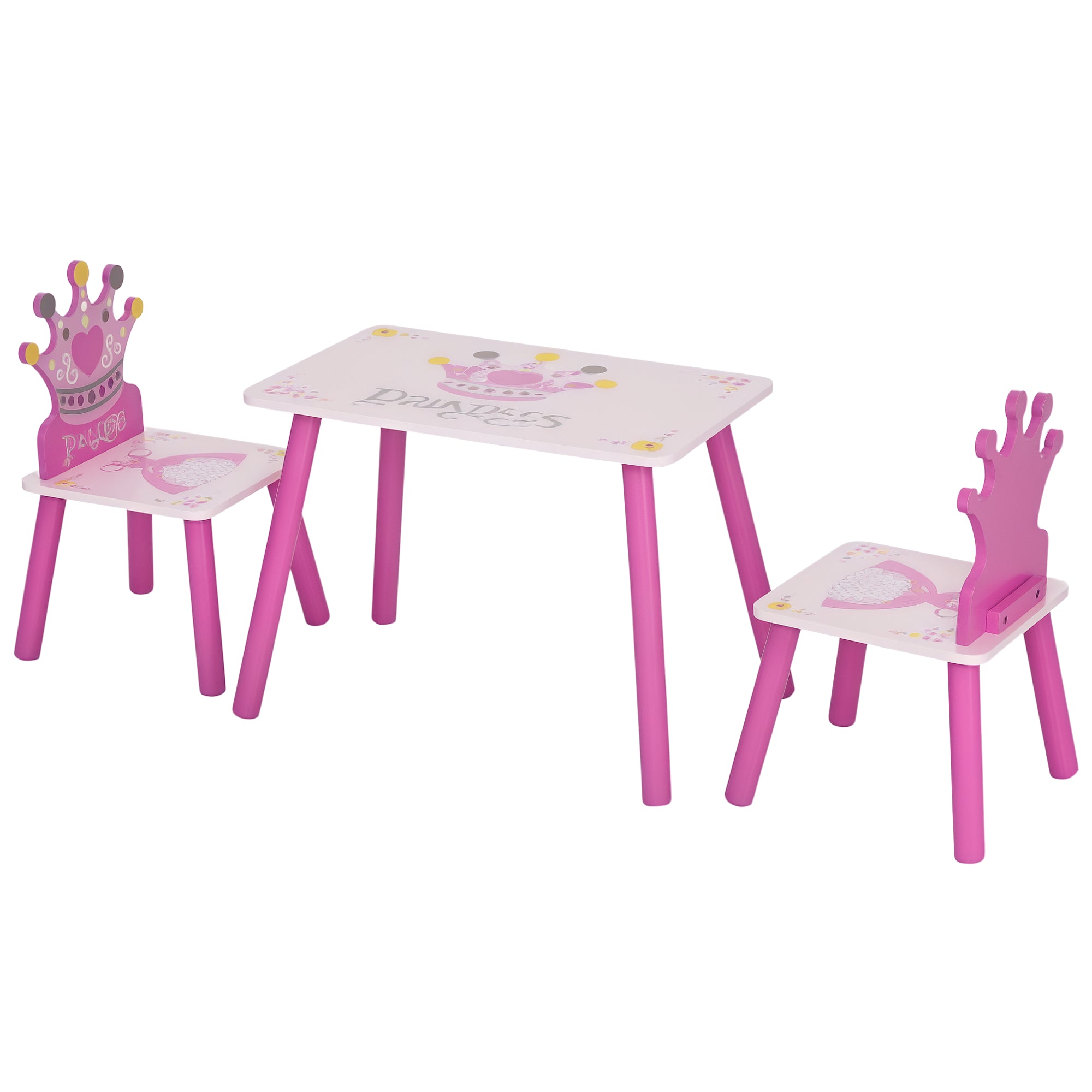 HOMCOM Kinder Holztisch und 2 Stühle Set 55x34x42 cm Stühle 28x26x50 cm für 2-4 Jahre Schlafzimmer Rosa