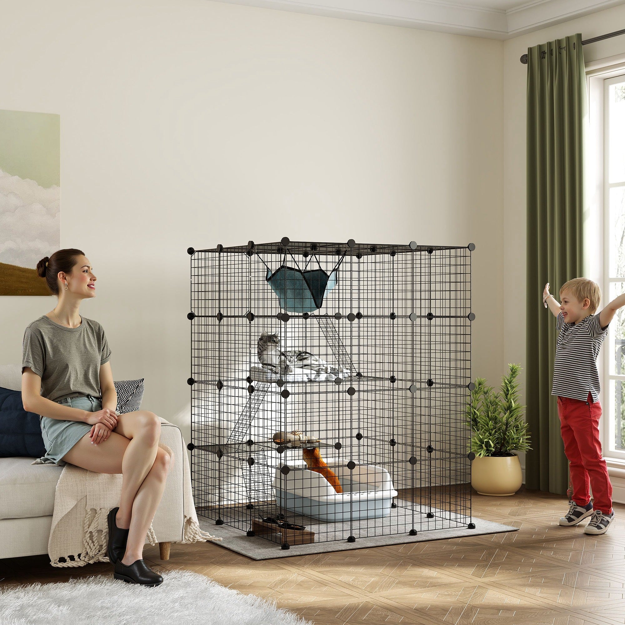 PawHut Tierzaun, Indoor Kaninchengehege, 4 Ebenen, Modulares Gehege für Kleintiere, Kaninchen, Gitterpaneele, 105 x 105 x 140 cm, Schwarz