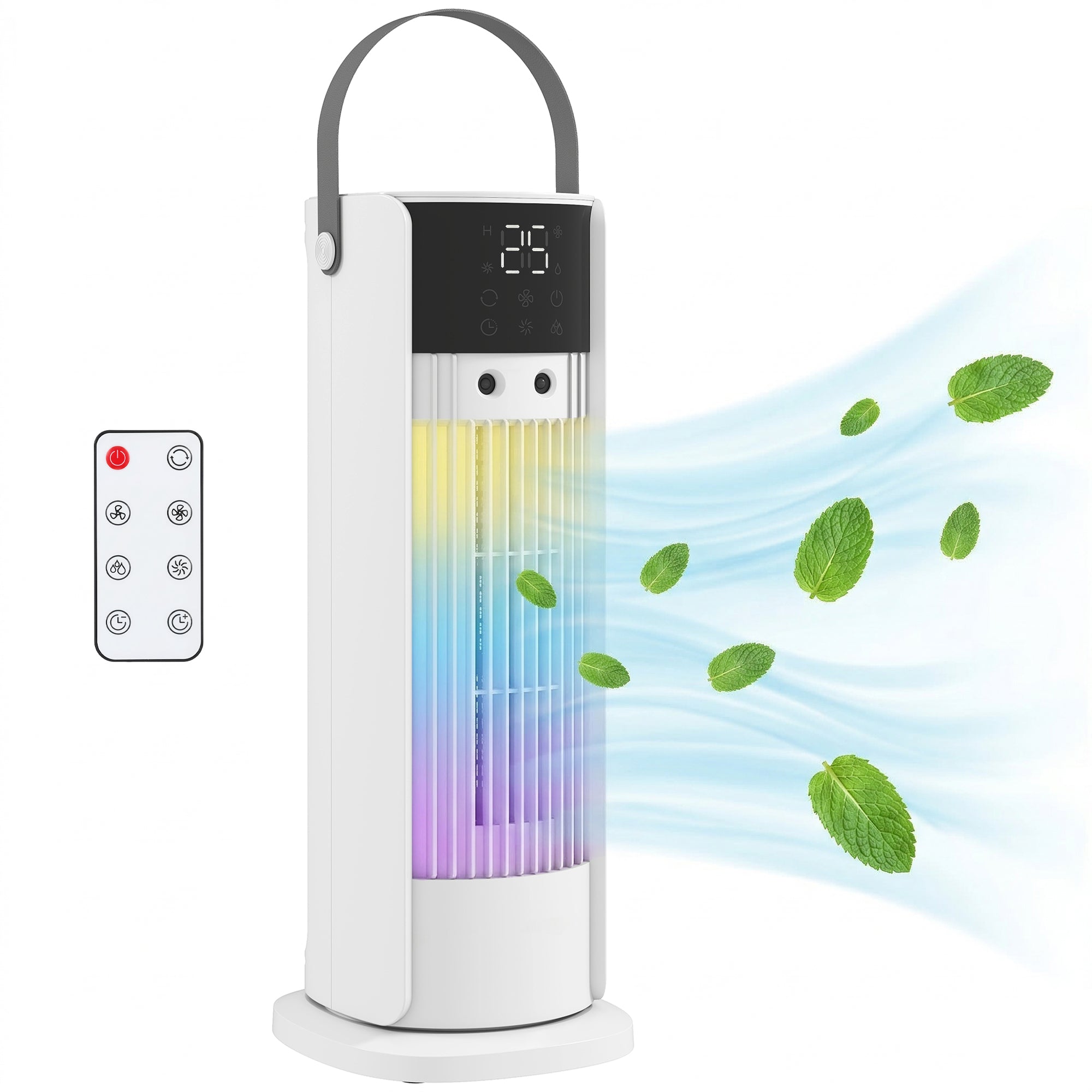 Ventilateur colonne de table HOMCOM avec brumisation et éclairage RGB, 3 vitesses, oscillation 90°, minuterie 10 h — Chambre & bureau, blanc