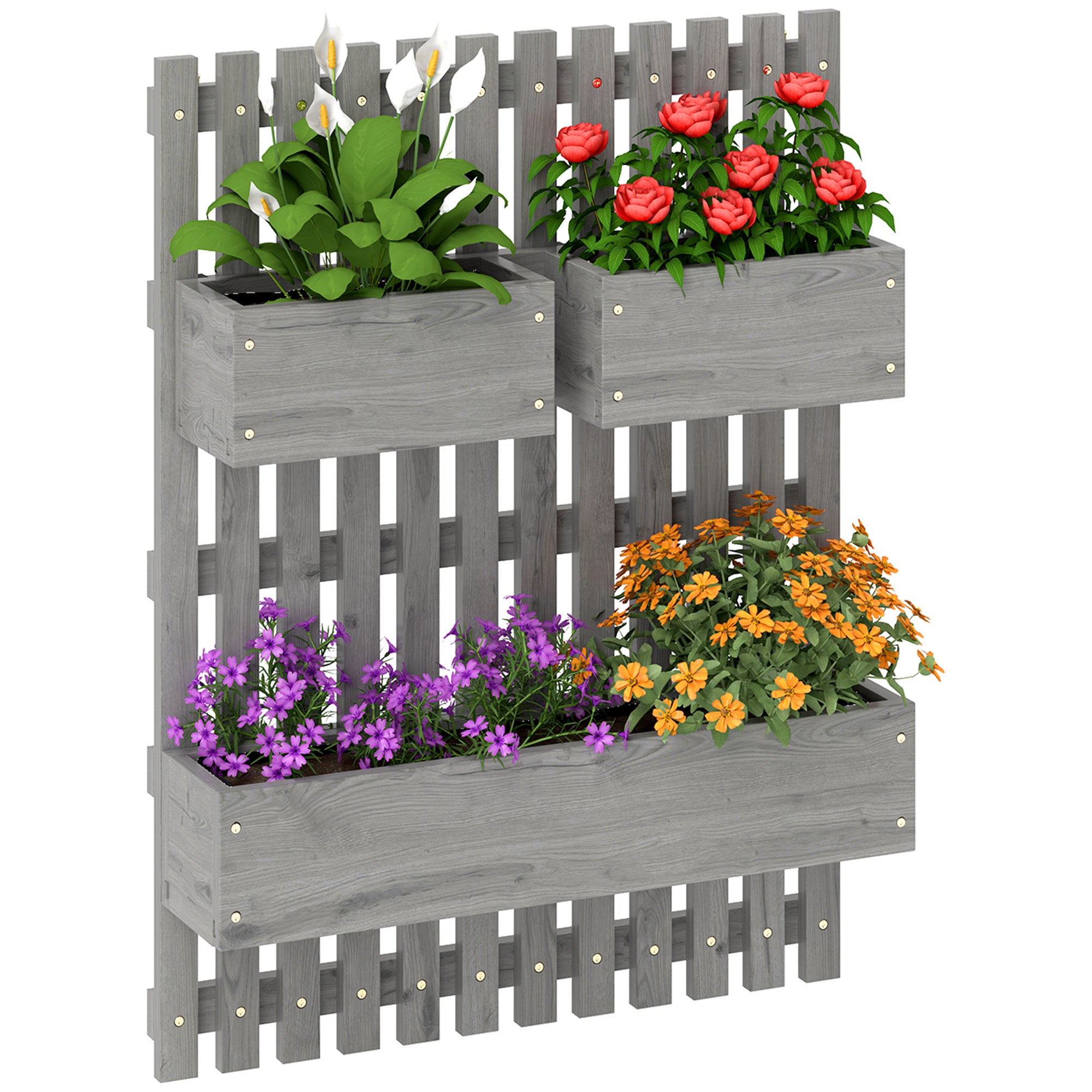 Outsunny væghængt vertikal plantekasse — 3 aftagelige kasser i massivt fyrretræ med non-woven-for, 60 x 16 x 80 cm (grå)