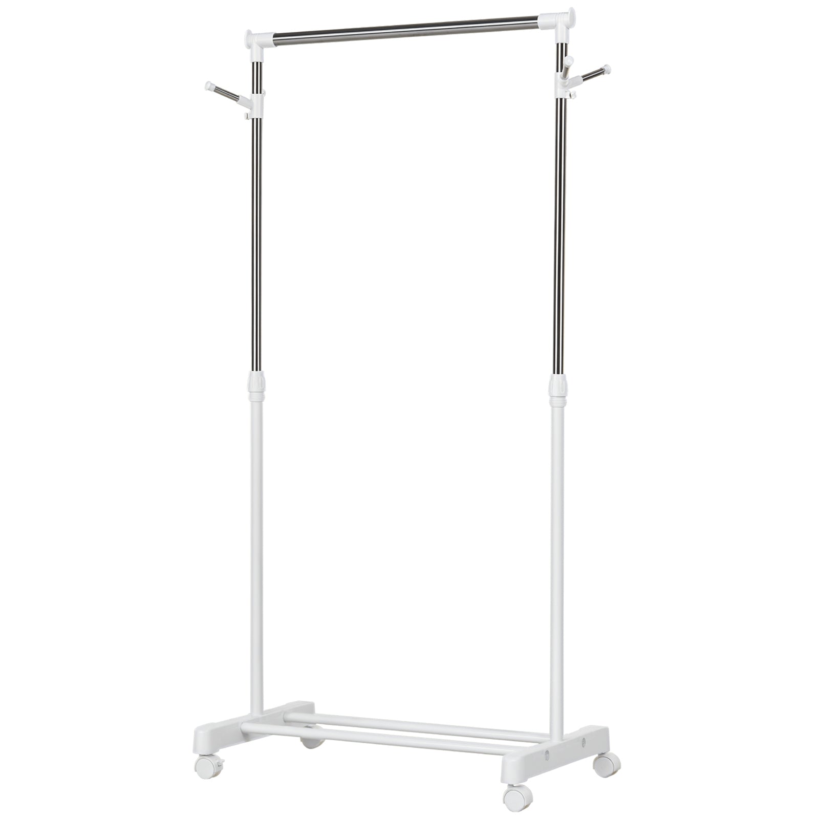 HOMCOM Standard Kleiderständer mit Höhenverstellbarer Stange und Unterregal auf Rollen Edelstahlrohr 68,5x42x87-145 cm Weiß Silber