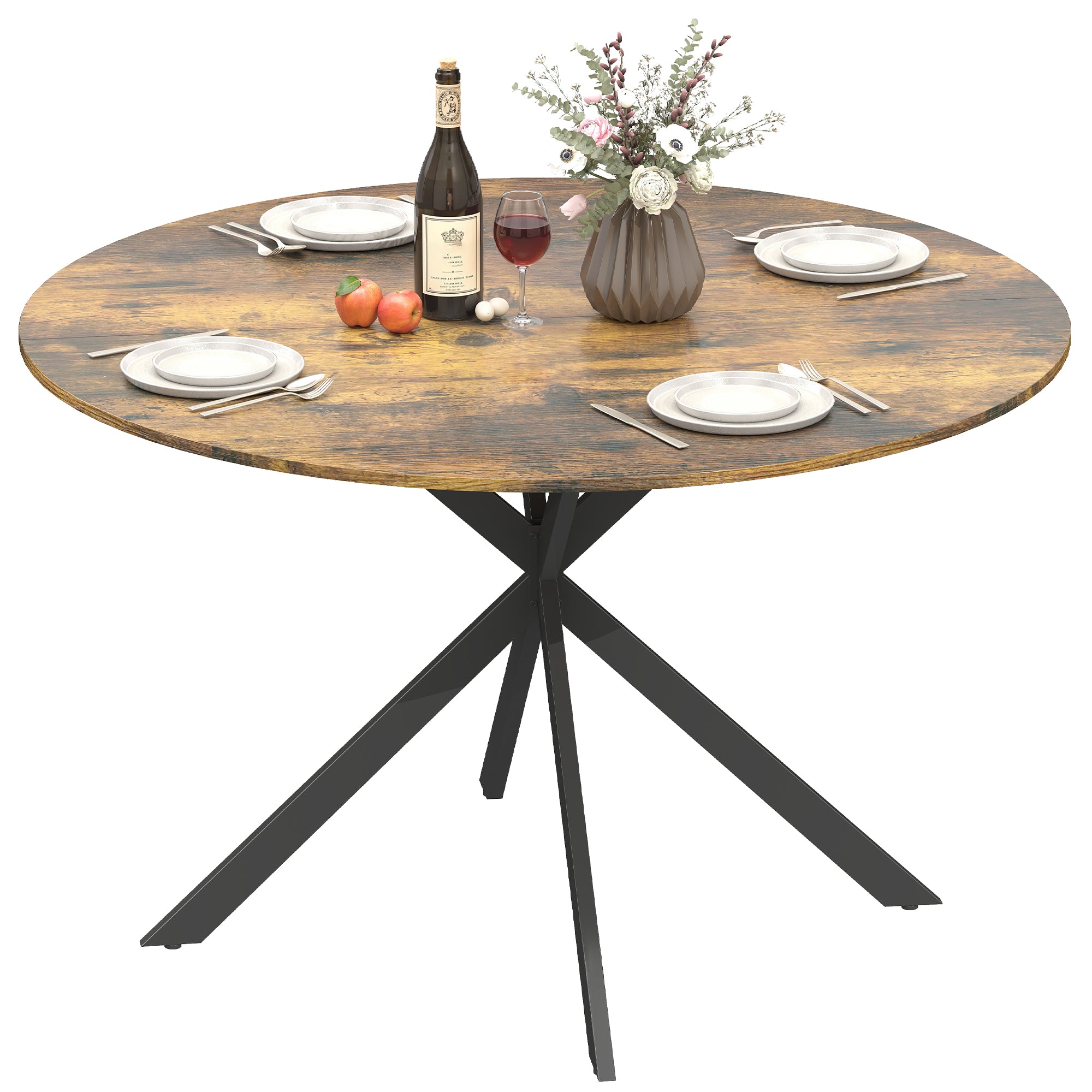 HOMCOM Runder Esstisch für 4 Personen, Ø 120 cm, Industrial-Stil mit X-Fuß aus Stahl, Rustikalbraun