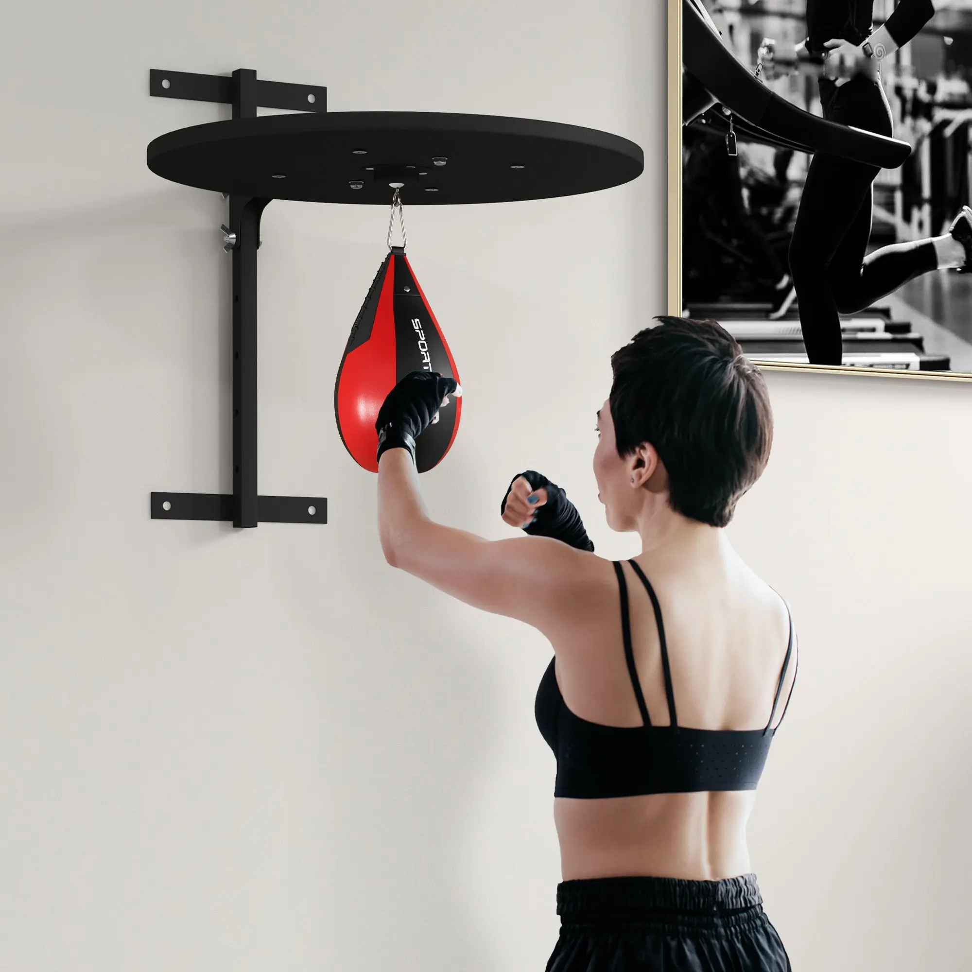SPORTNOW Wall-Mounted Boxing Platform with Speed Bag Punching Bag for Boxing Training, Adjustable Height 360° Swivel Black and Red