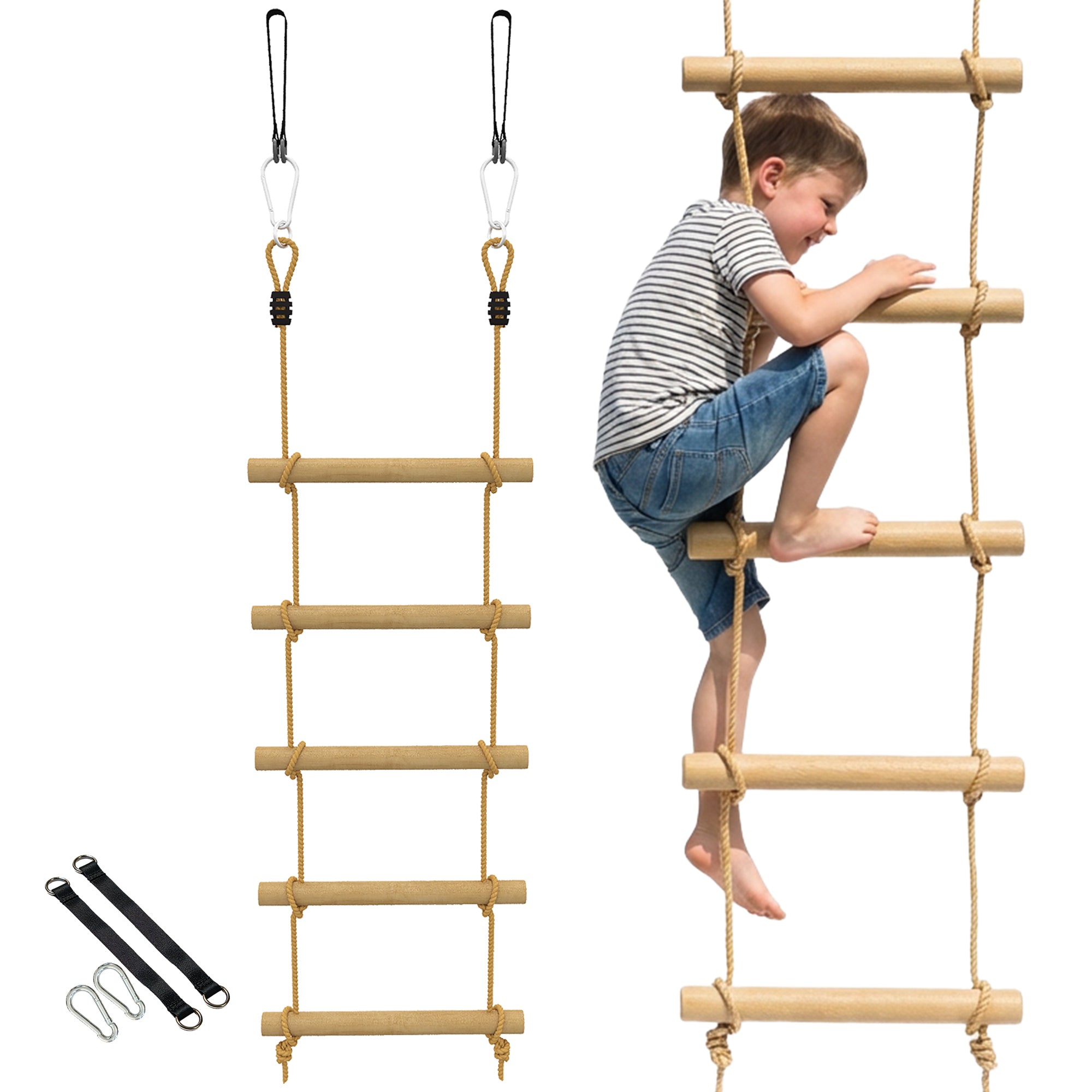 AIYAPLAY Ninja Line детска катерачна стълба с 5 стъпала и slackline 1,8 m — натурално дърво, включва 2 карабина и 2 колана за дърво (за деца 3–8 г.)