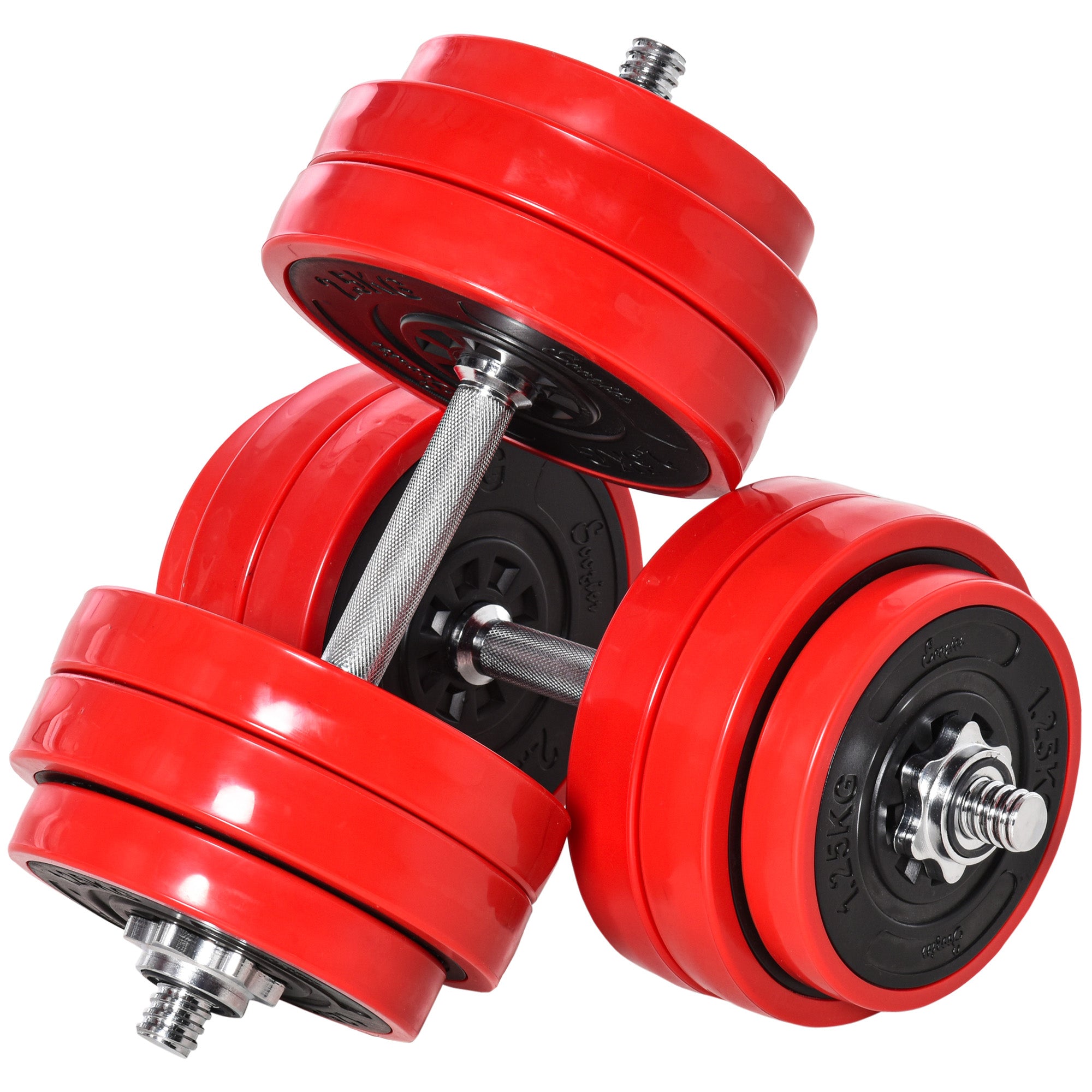 HOMCOM Dumbbell Set 30 KG 2-IN-1 Hantelen & Barbell Justéierbar Gewiichtstraining fir Heem Fitness Muskulatur Rout+Schwaarz 21.5 x 21.5 x 3.8 cm