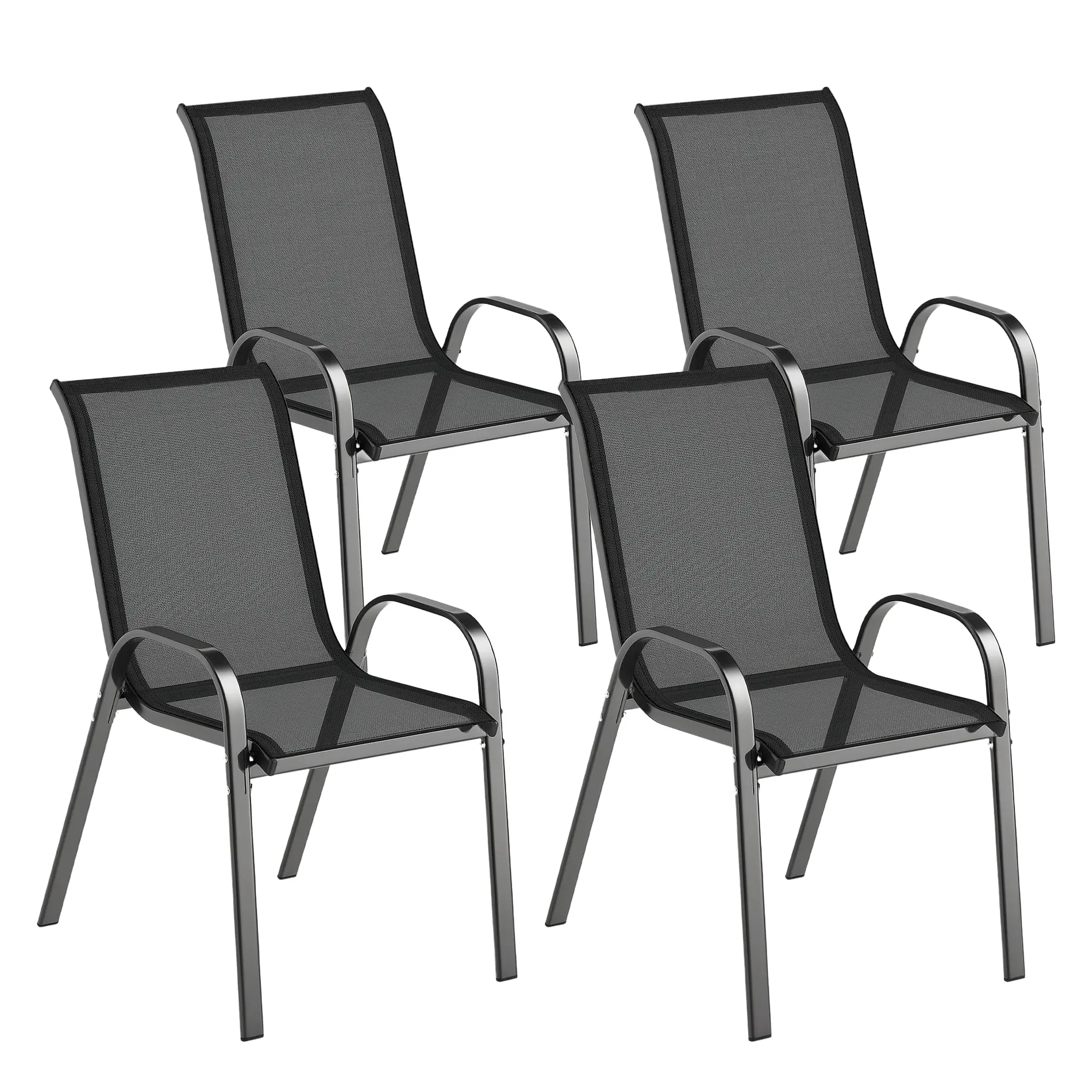 Set of 4 Outdoor Garden Chairs Stackable Terrace Chairs Garden Chairs with Breathable Fabric Steel Frame Armrests and High Backrest 54x71x93 cm Black