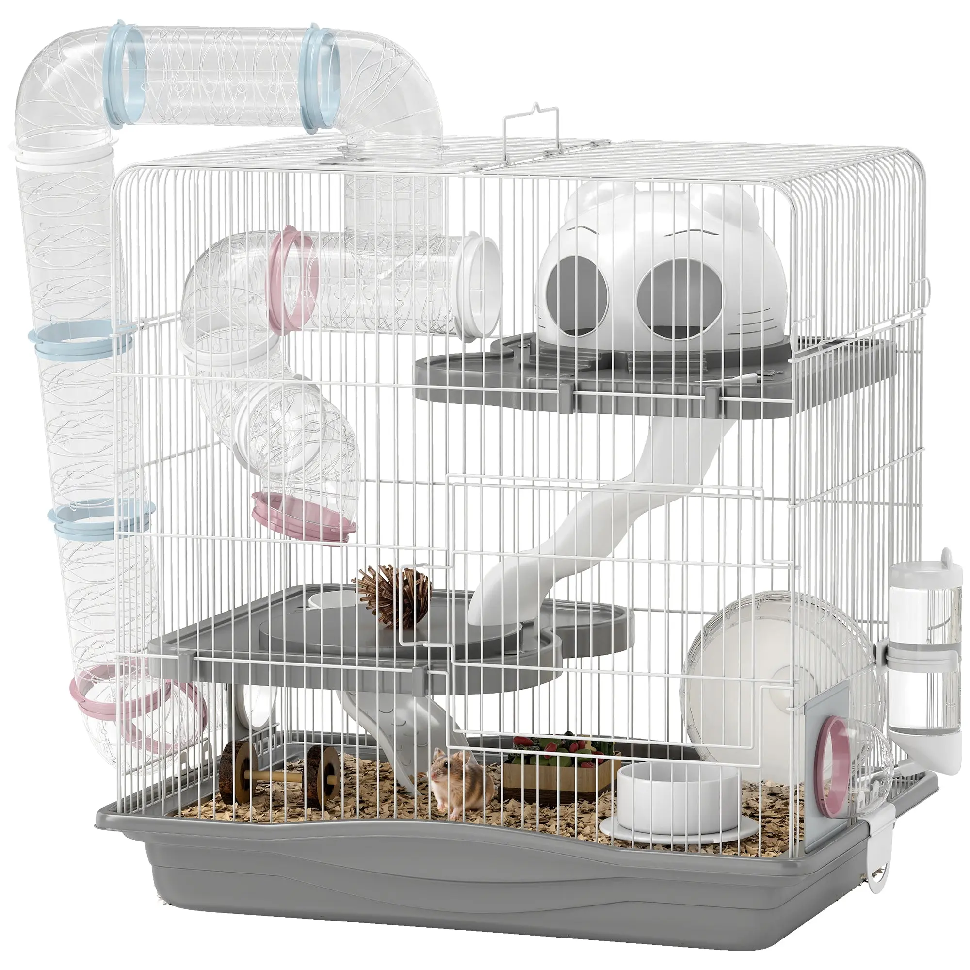 3-Level Hamster Cage with 14 Tubes, House, Ramp, Bowls, Water Bottle & Drip Tray — Metal & Plastic, 45 x 30 x 45 cm (17.7 x 11.8 x 17.7 in), Grey