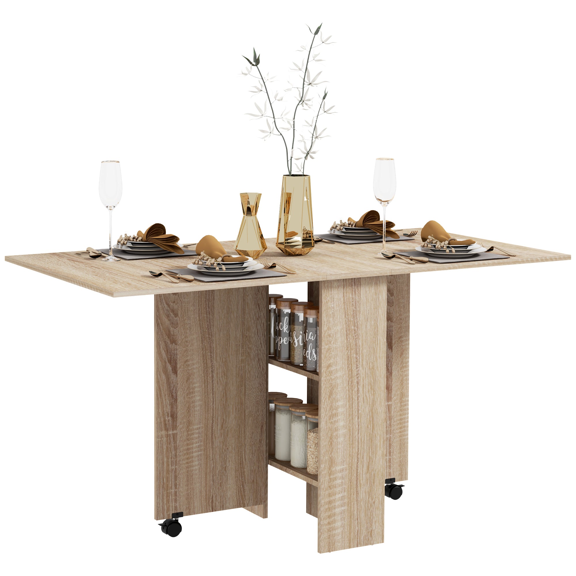 Skládací jídelní stůl HOMCOM – Sklápěcí stůl do kuchyně s kolečky, sklápěcími křídly a policemi pro 4-6 osob 75x140x74 cm Přírodní