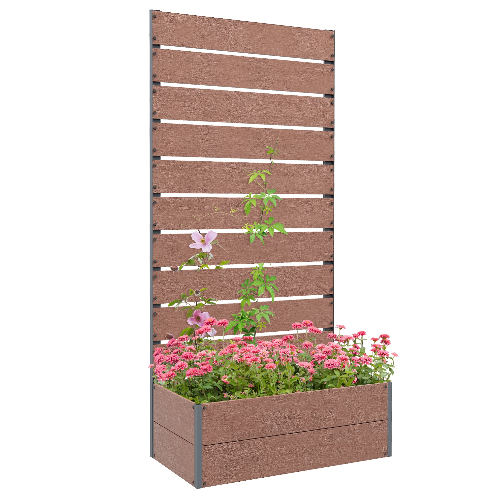 planter box with slatted trellis, raised bed with trellis for climbing plants, 72x38x150cm, light brown