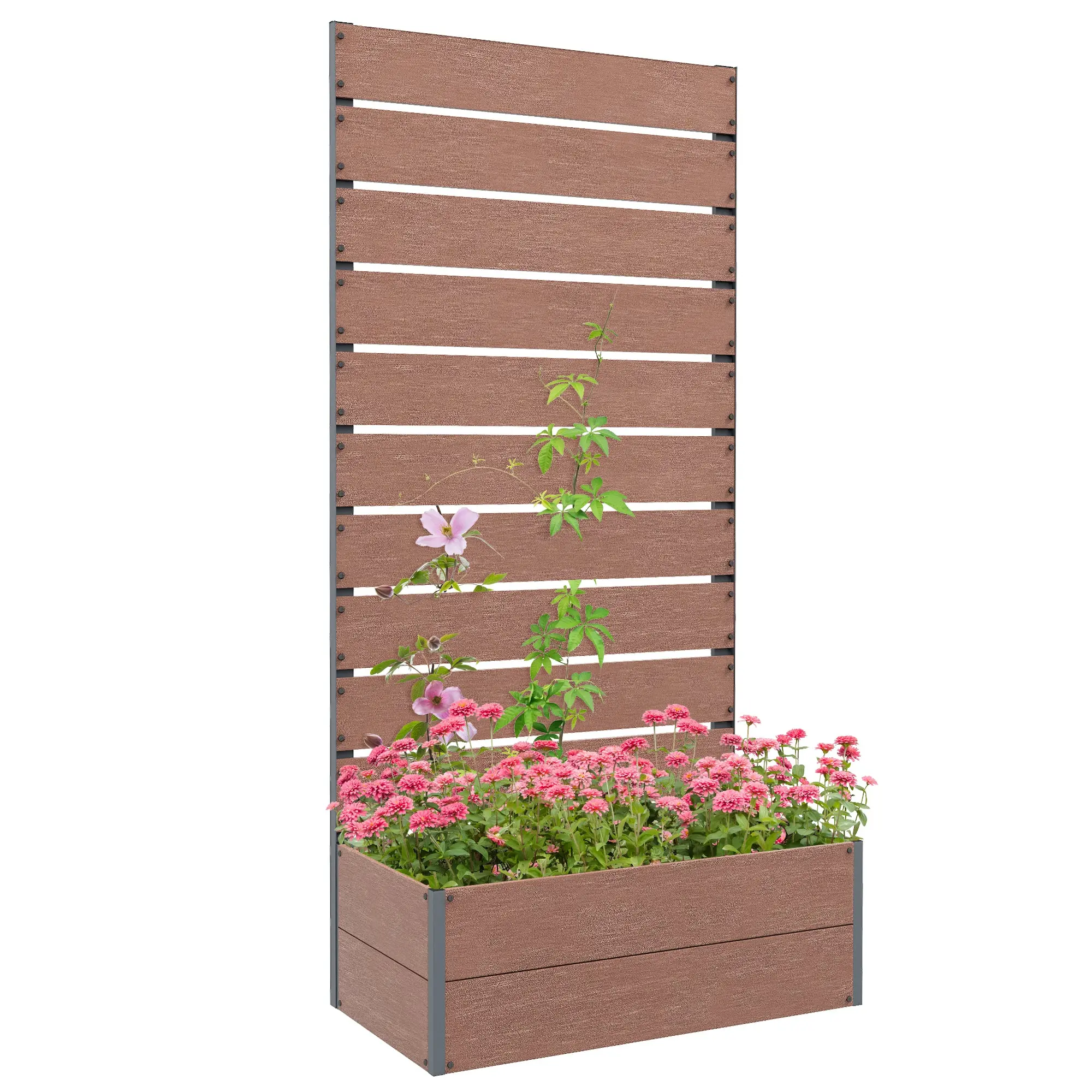 planter box with slatted trellis, raised bed with trellis for climbing plants, 72x38x150cm, light brown
