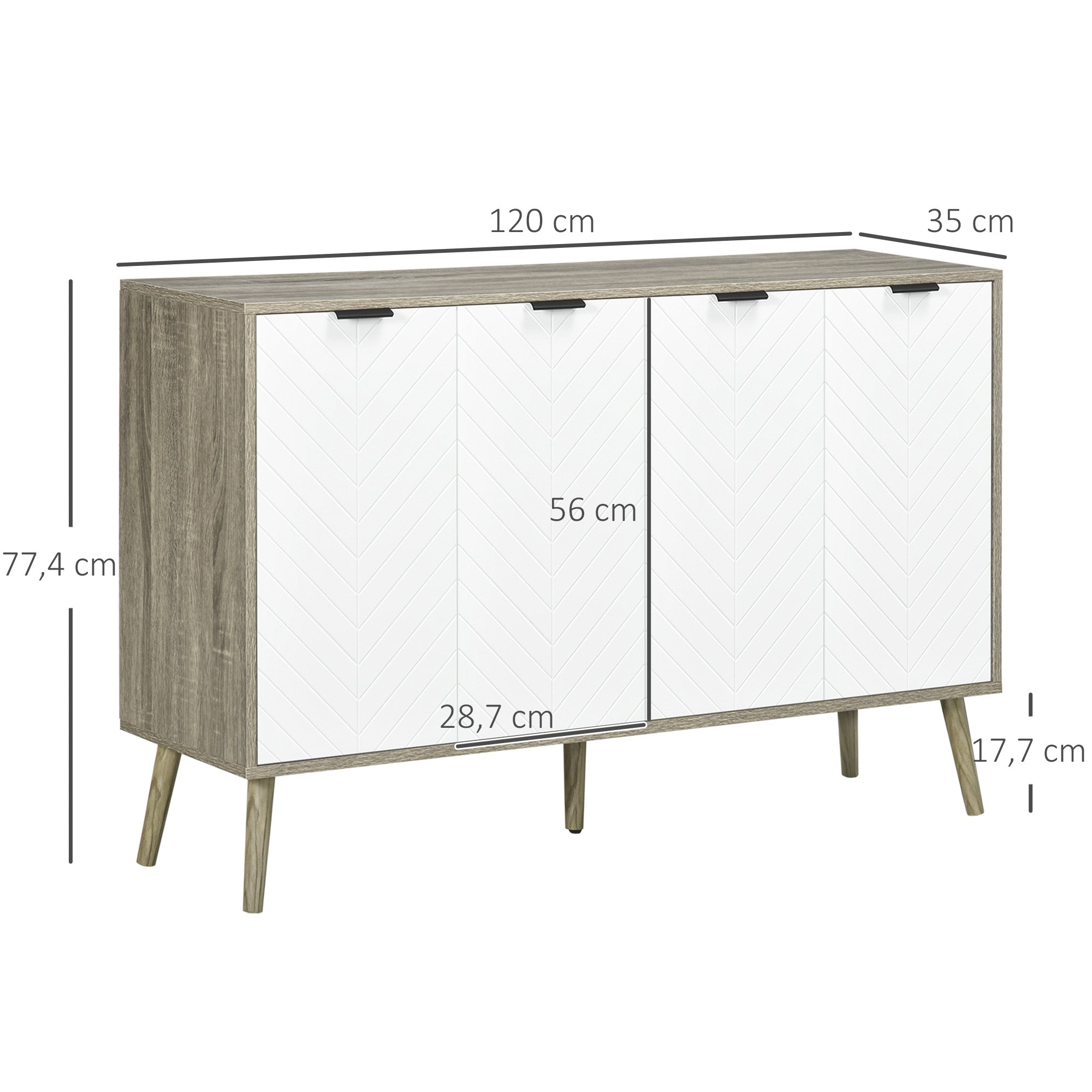Low Sideboard, Storage Cabinet, Adjustable Shelves, 2 Cabinets, 4 Chevron Doors, for Kitchen, Dining Room, Living Room, 120 x 35 x 77.4 cm, White and Gray