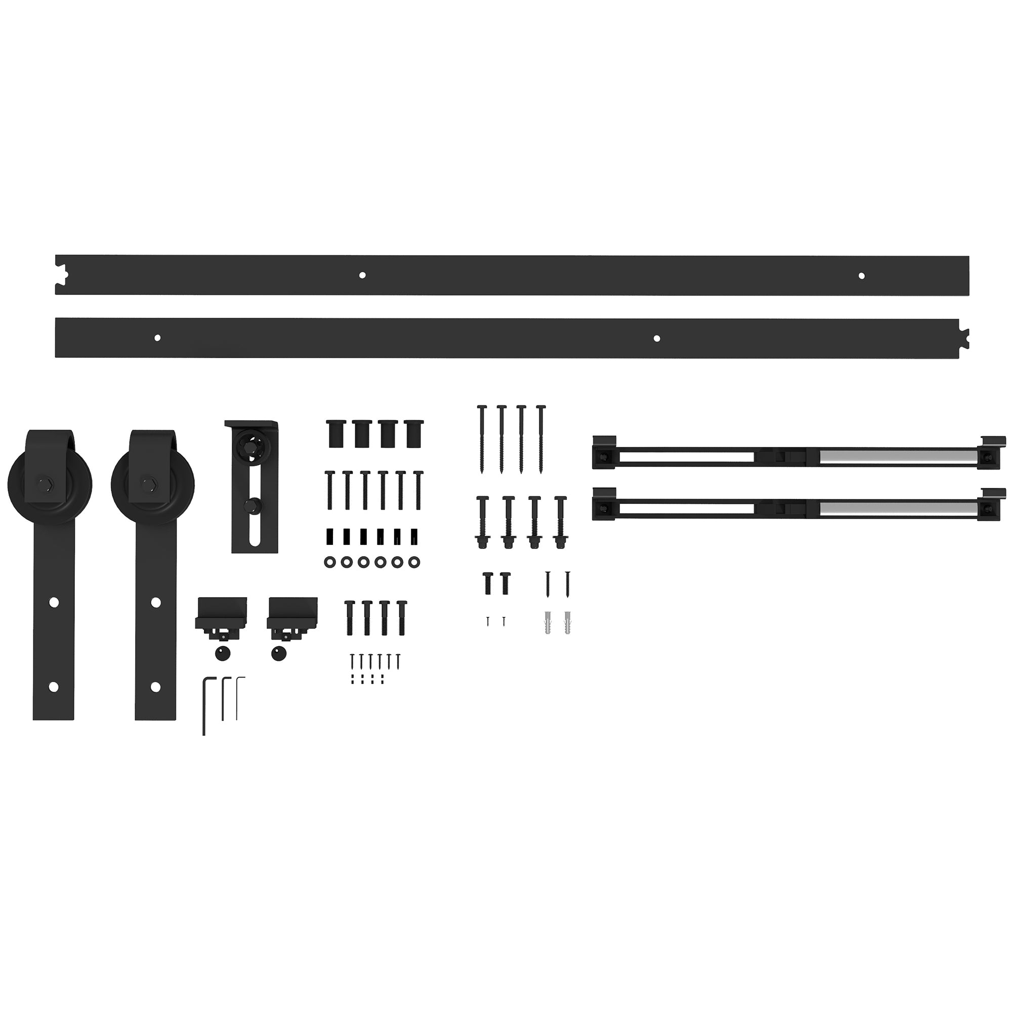 HOMCOM Liukuoven Tarvikesetti 183 cm Täydellinen Paketti Iskunvaimennusfunktion Kanssa, Raide, Rullat, Hyppyestot, Oven Pysäyttimet, Lattiaopas, Carbon Teräksestä Valmistettu Musta Liukuovijärjestelmä