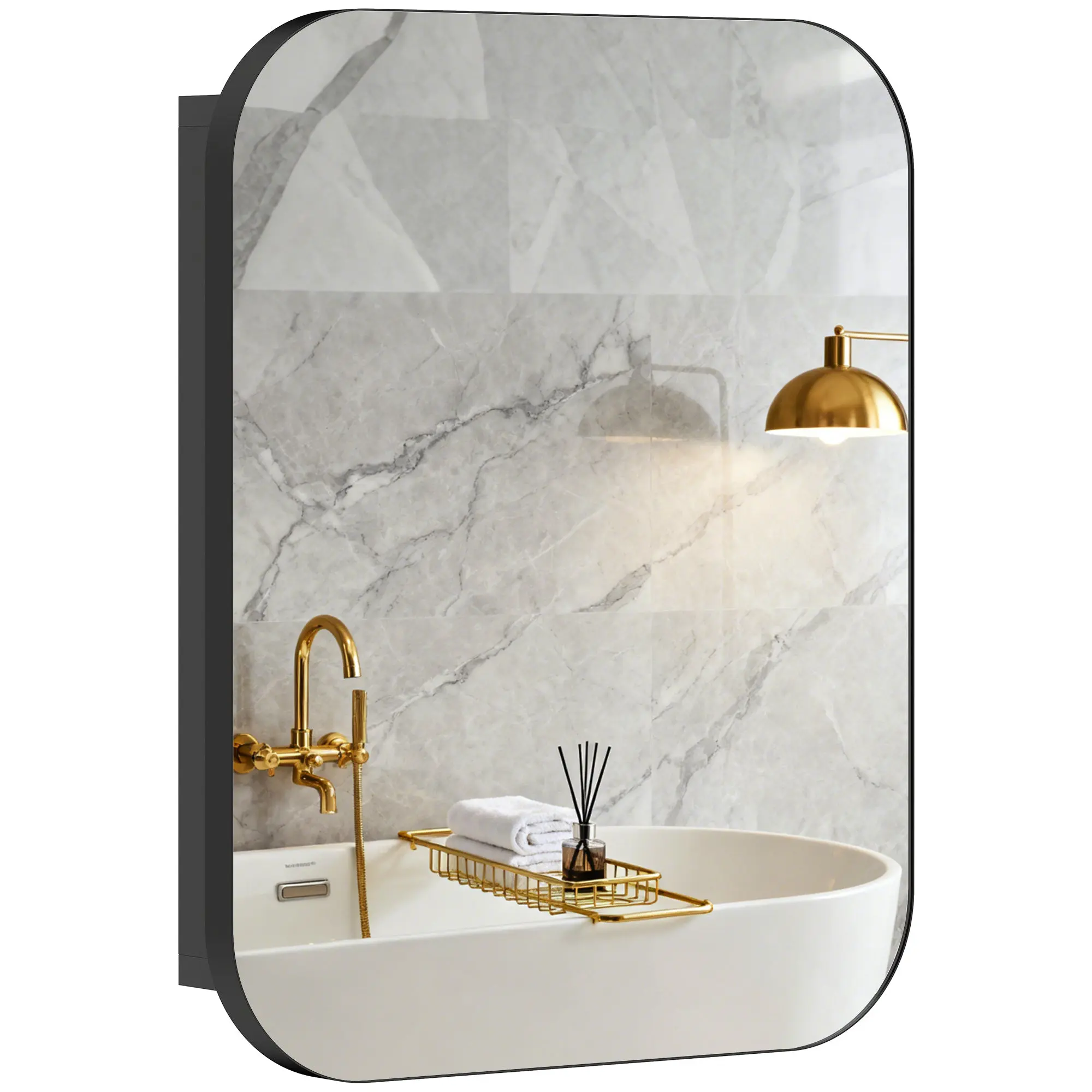 Mirrored Bathroom Cabinet, Rounded-Edge Design, Wall-Mounted, Adjustable Shelves, 15.8 x 4.0 x 20.0 in, Black