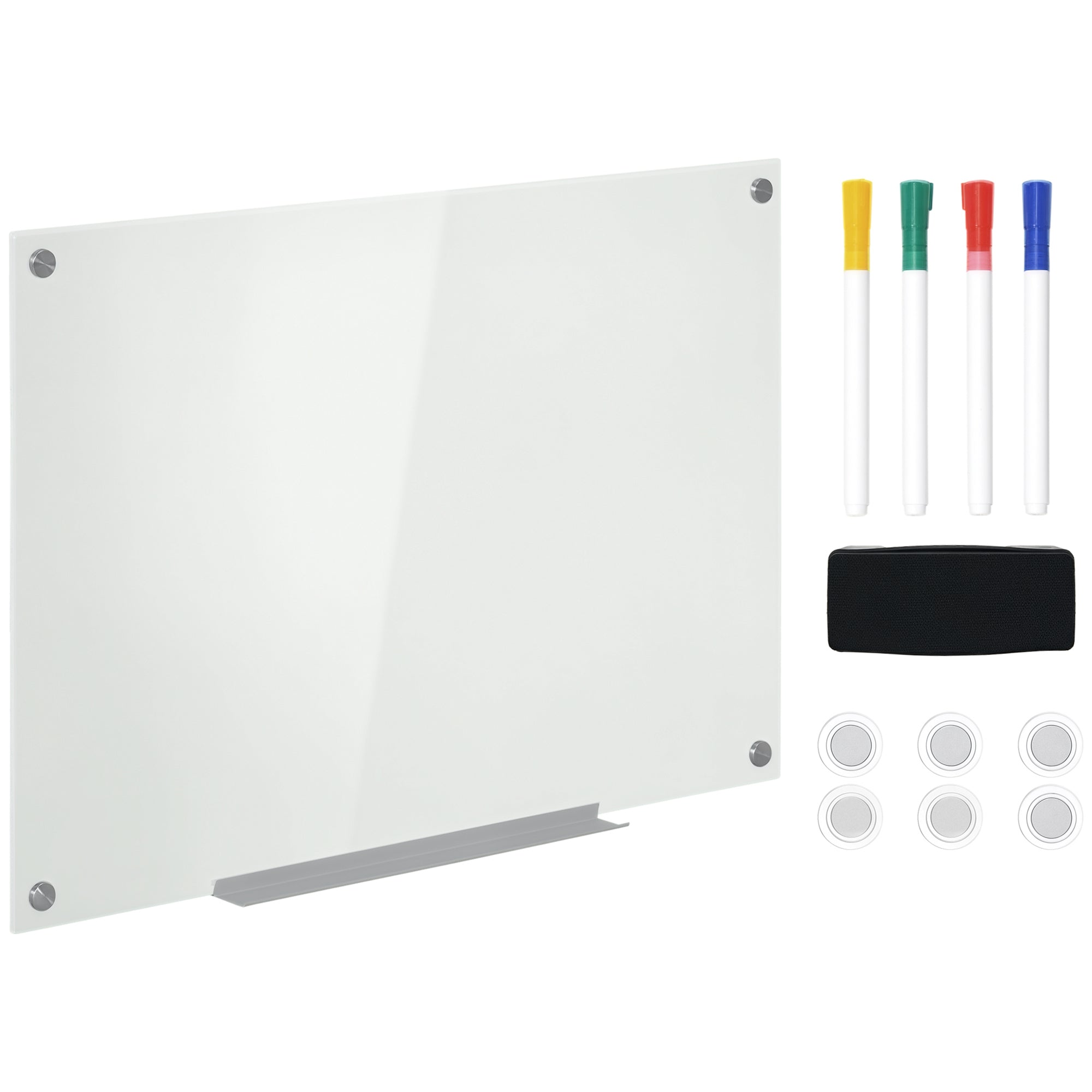 Vinsetto Weißes Magnetisches Whiteboard mit 4 Stiften, 6 Magneten, 1 Schwamm, 1 Ablage, Wandmontierbares Glas-Panel, Leicht abwischbar 90 x 60 cm