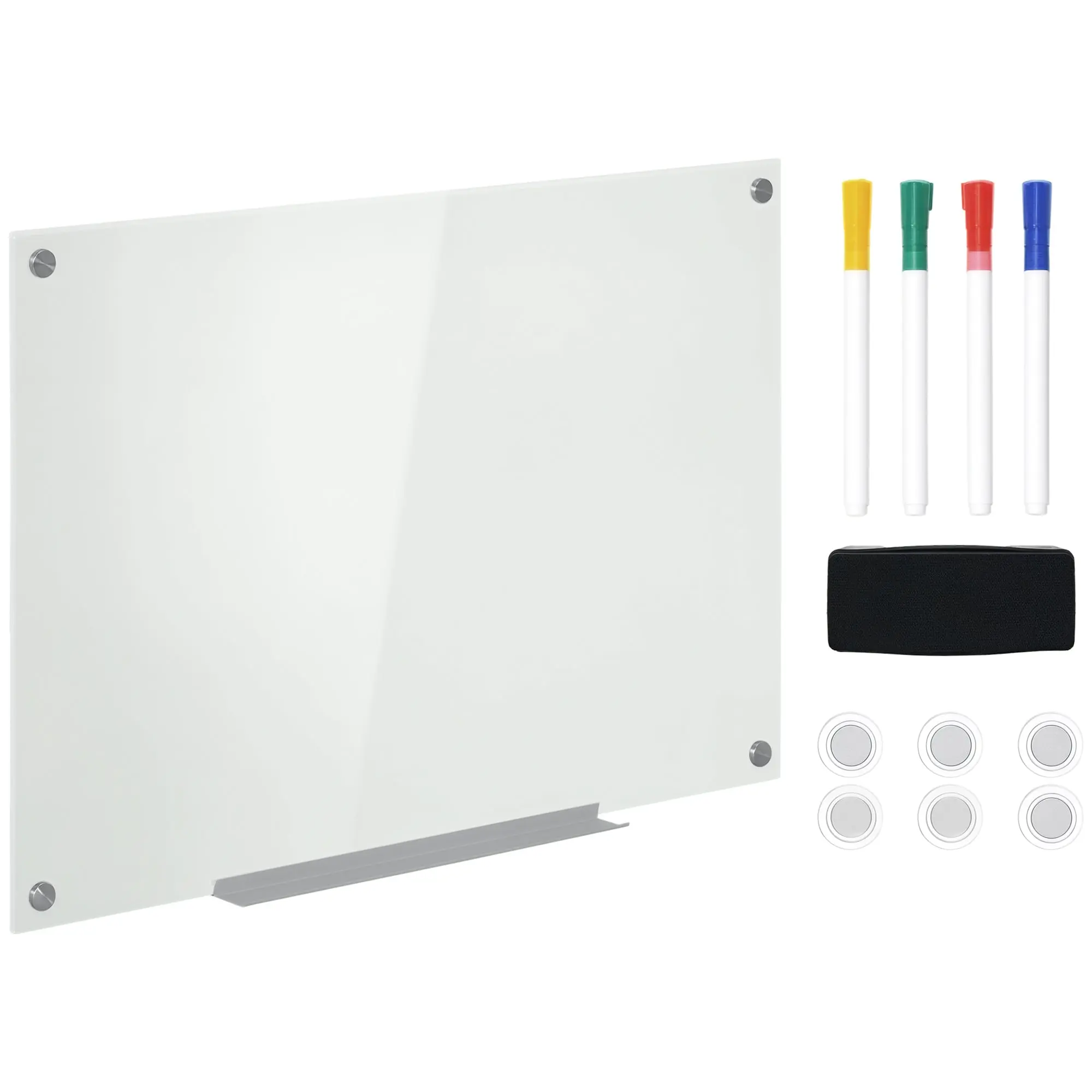 Whiteboard Magnetic Board with 4 Pens, 6 Magnets, 1 Sponge, 1 Shelf, Easel Glass Panel Wall-Mountable Easy to Wipe 90 x 60 cm