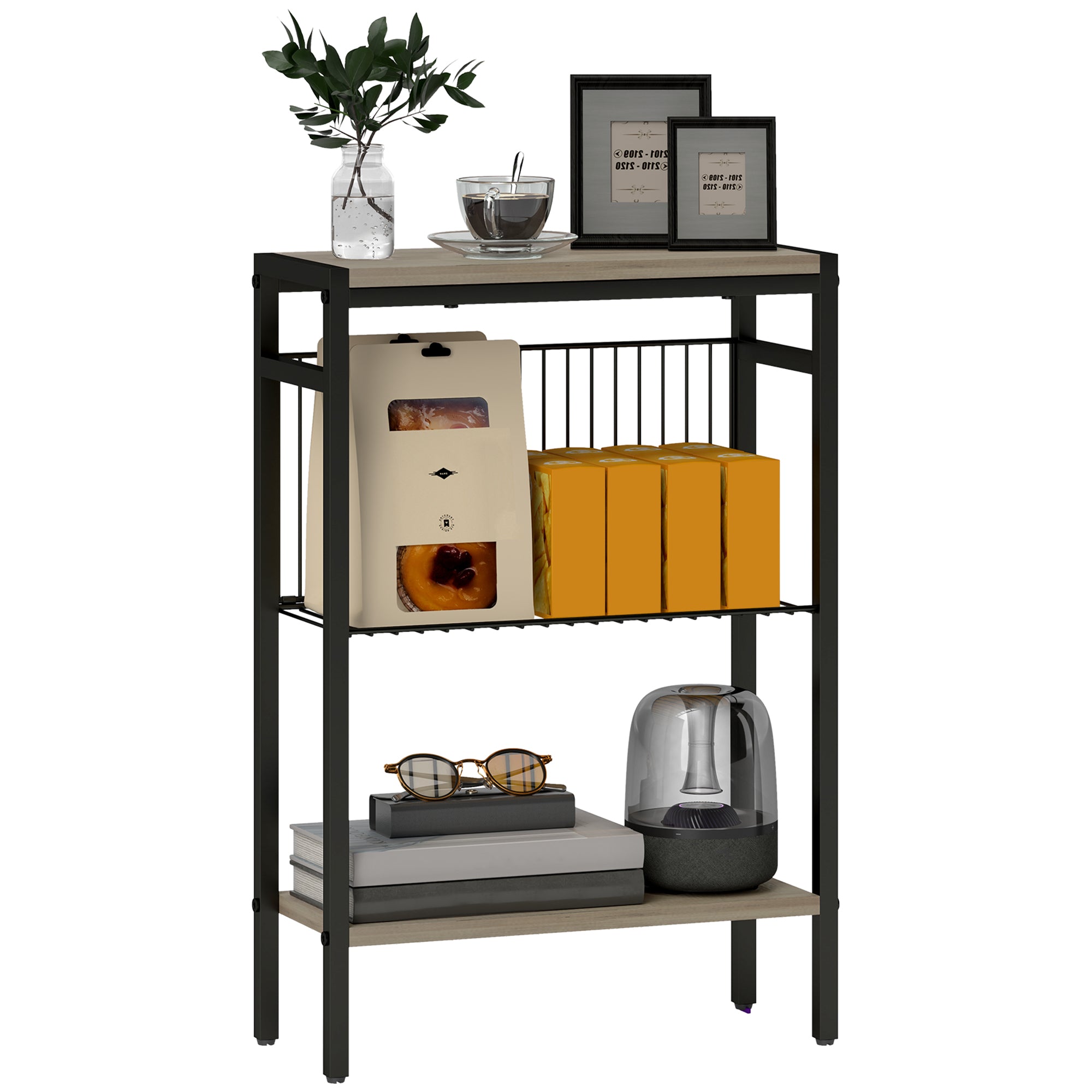 HOMCOM Schmalen 3-Ëmfang Sécher Tabell, Industrieel Sécher Tabell mat Offene Regaler an Stahlstruktur fir d'Lëtzebuerger Wunnzëmmer, Schlofzëmmer 43x18x62,5 cm Grouss