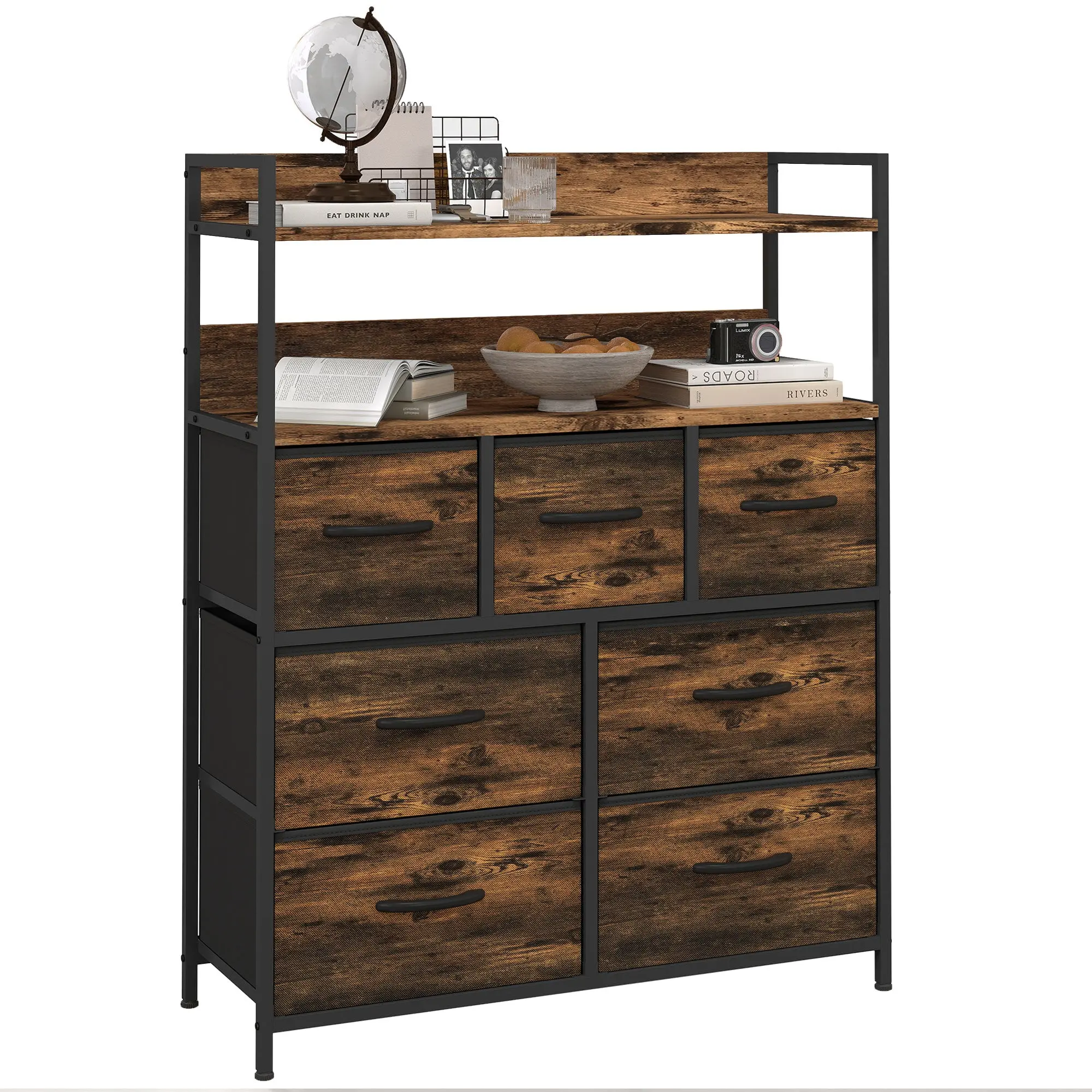 Fabric Drawer Storage Cabinet with 7 Drawers, Shelving Unit with Steel Frame Storage Cabinet for Bedroom, Living Room Rustic Brown
