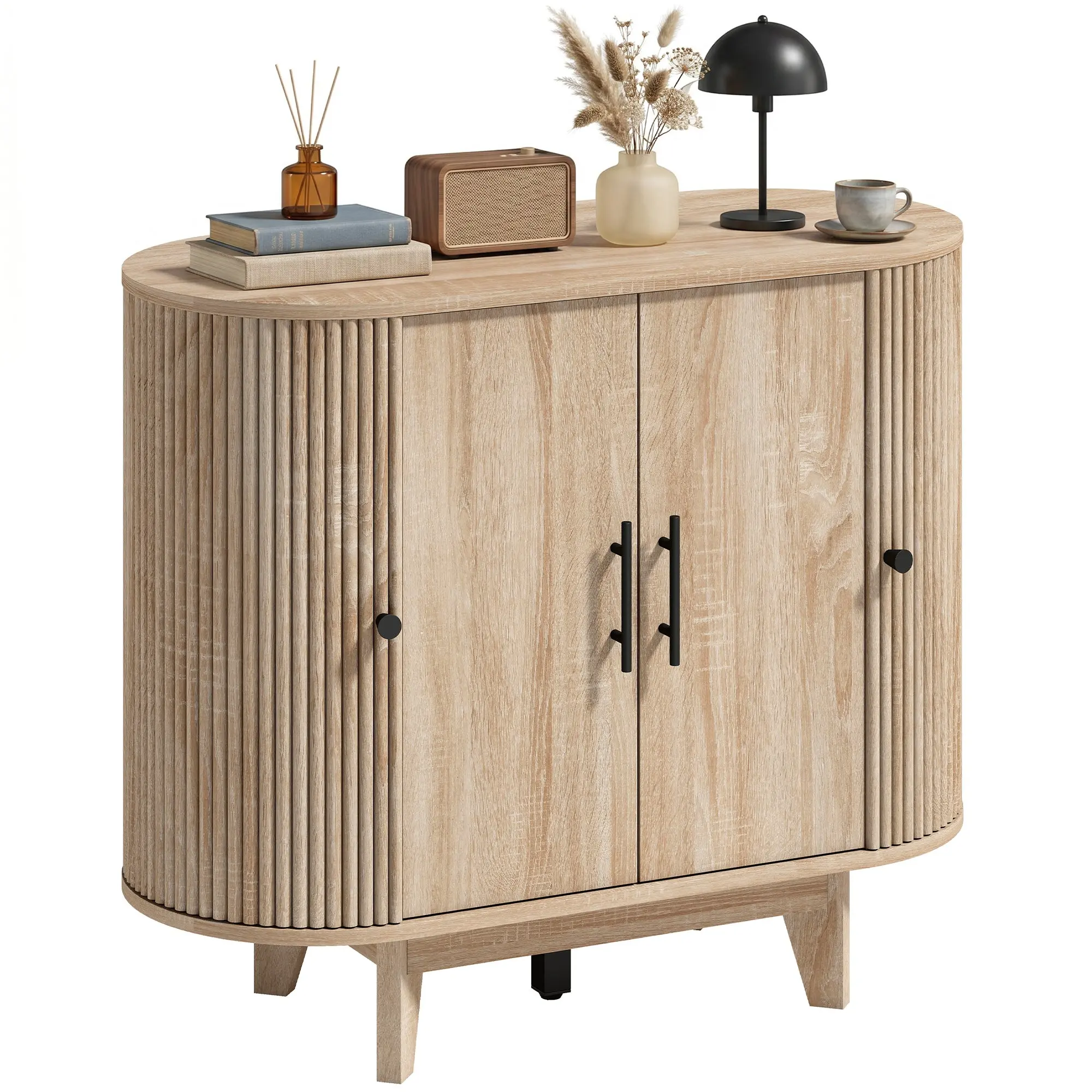 Oval Sideboard — 4-Door Storage Cabinet with Adjustable Shelves, 5 Stable Legs, Light Oak, 90 x 40 x 76 cm (35.4 x 15.7 x 29.9 in)
