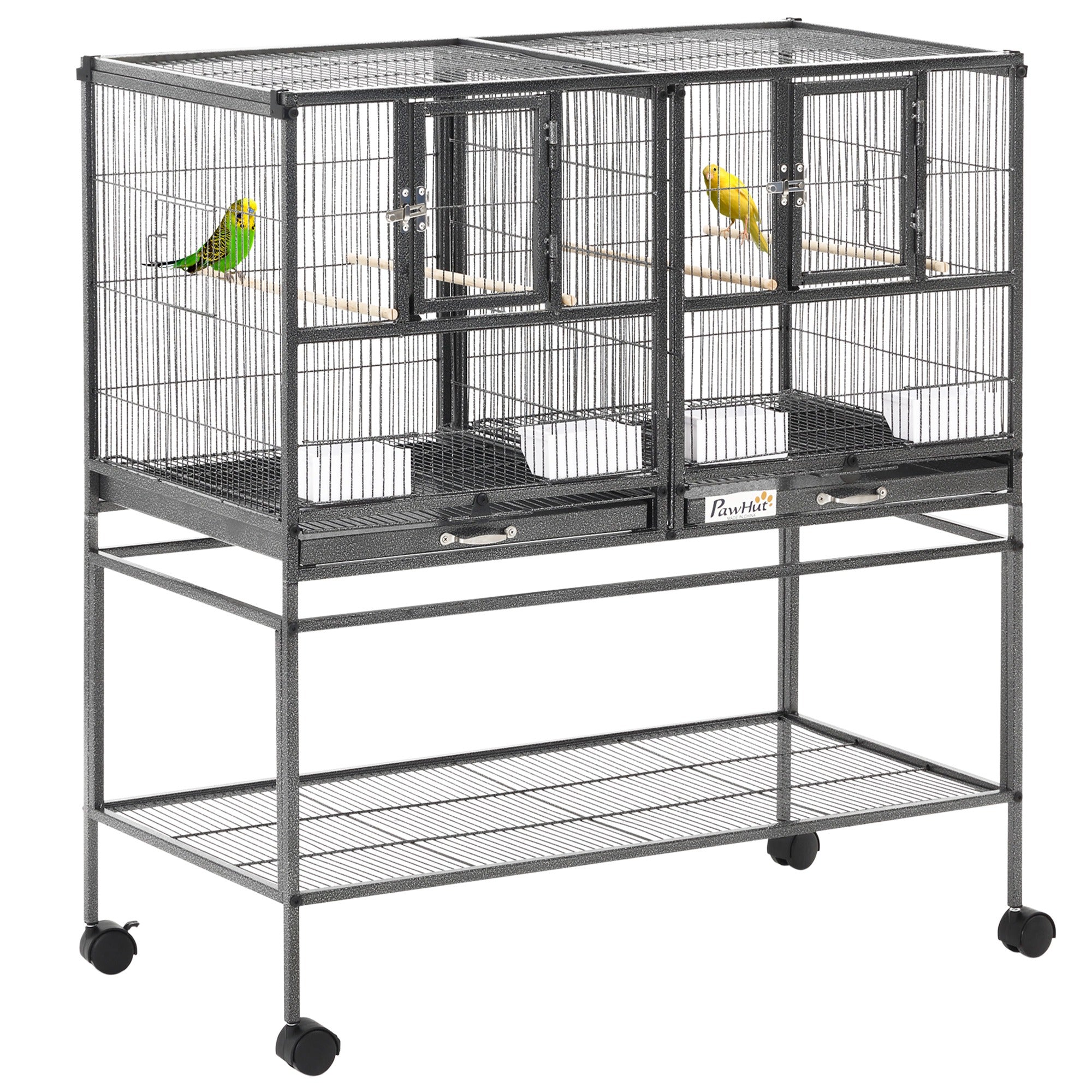 PawHut Vogelkäfig mit Rollen, Doppelkäfig mit 2 Schalen, mehreren Türen, 4 Futterspendern und 4 Sitzstangen für Wellensittiche, Liebesvögel, Kanarienvögel 95x45,5x102 cm Grau