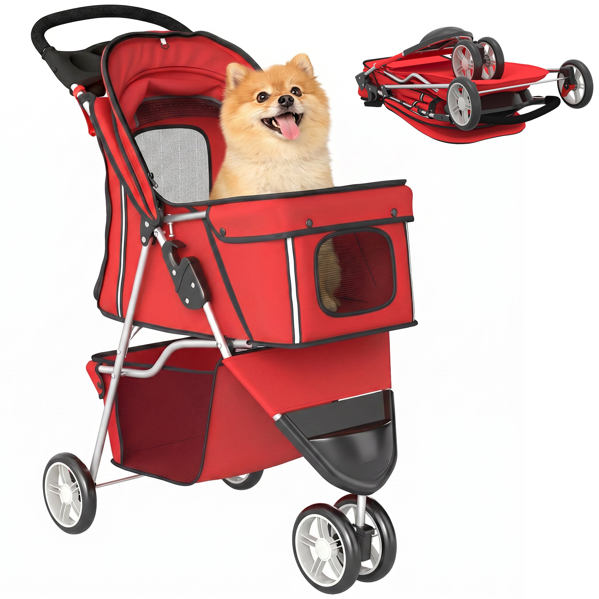 4-Wheel Dog Stroller, Foldable Cart with Brake, Adjustable Canopy, Storage Basket & Cup Holder, for Small Dogs & Senior Pets, 30.3 x 17.3 x 40.2 in, Red