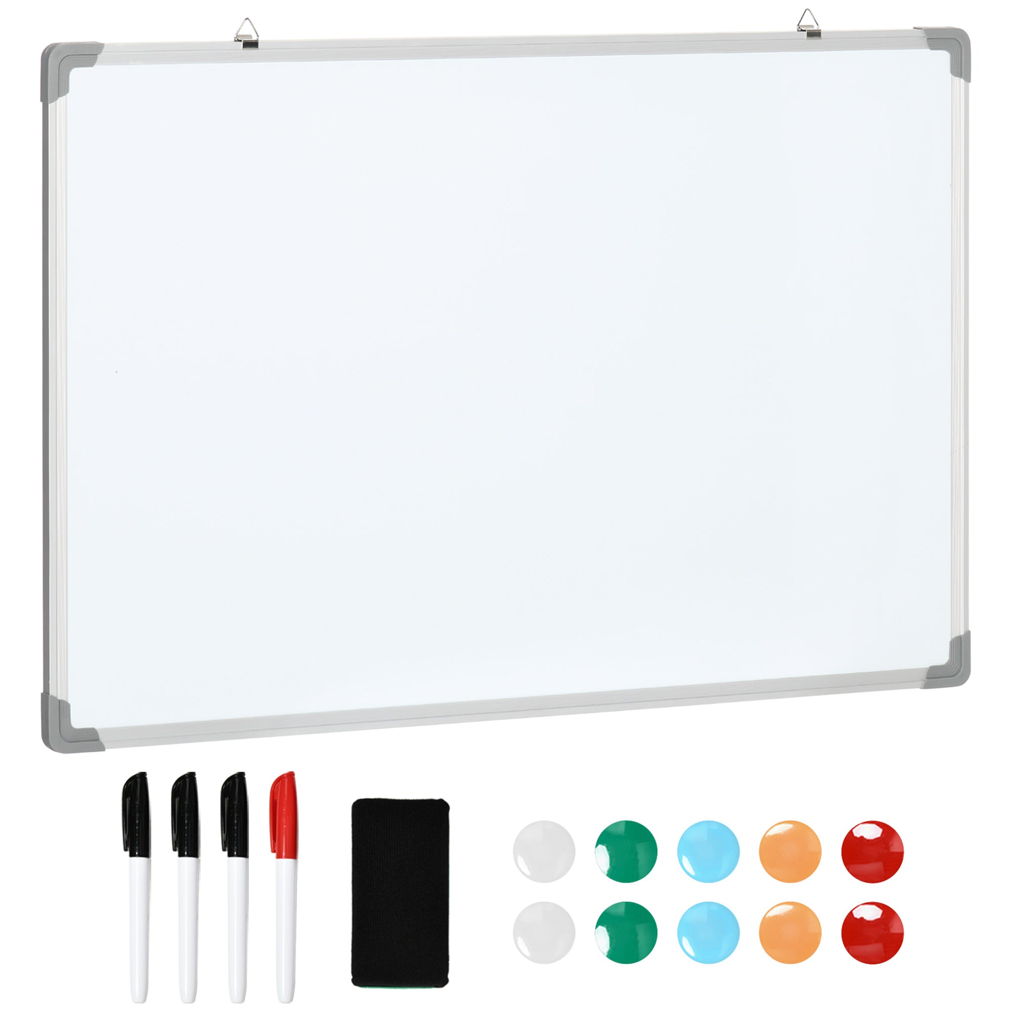 HOMCOM Magnetska Bijela Ploča s 4 Markera, 1 Gumicom, 10 Magneta, Stalak, Montaža na Zid, Lako Se Briše, 90 x 1,8 x 60 cm